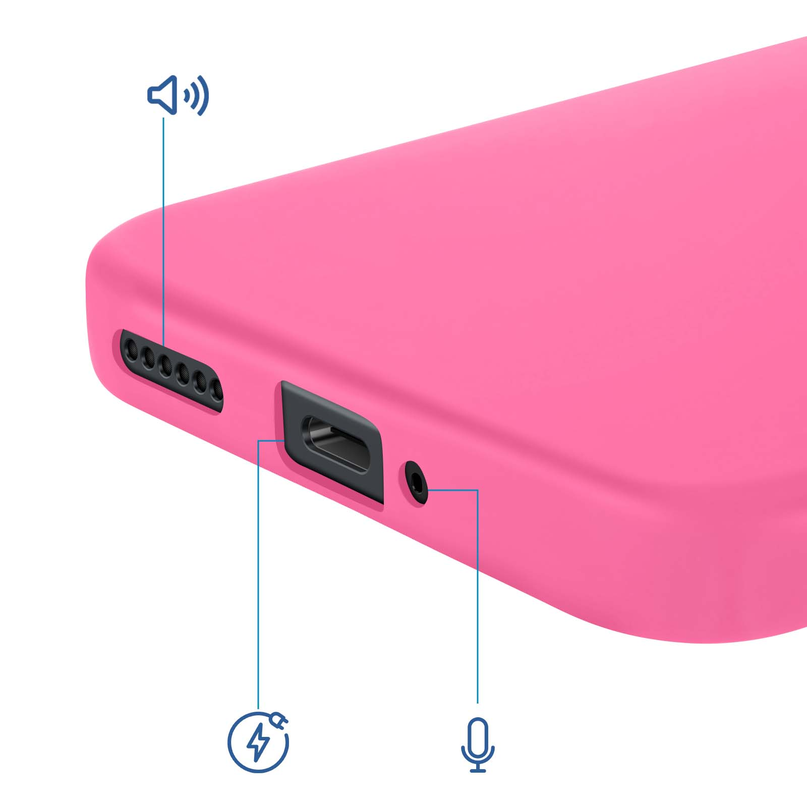 Close-up van een roze telefoonhoes met poorten en pictogrammen voor luidspreker, oplader, microfoon.