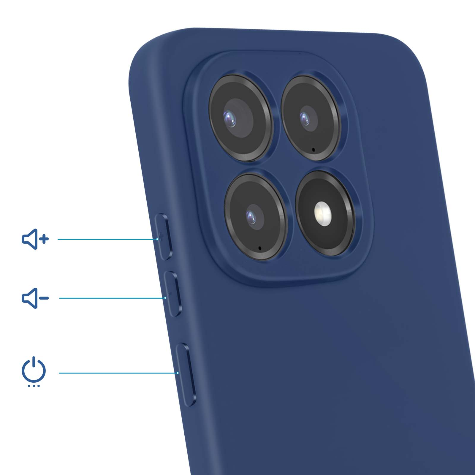 Coque de téléphone bleu foncé avec quatre objectifs et boutons de volume.