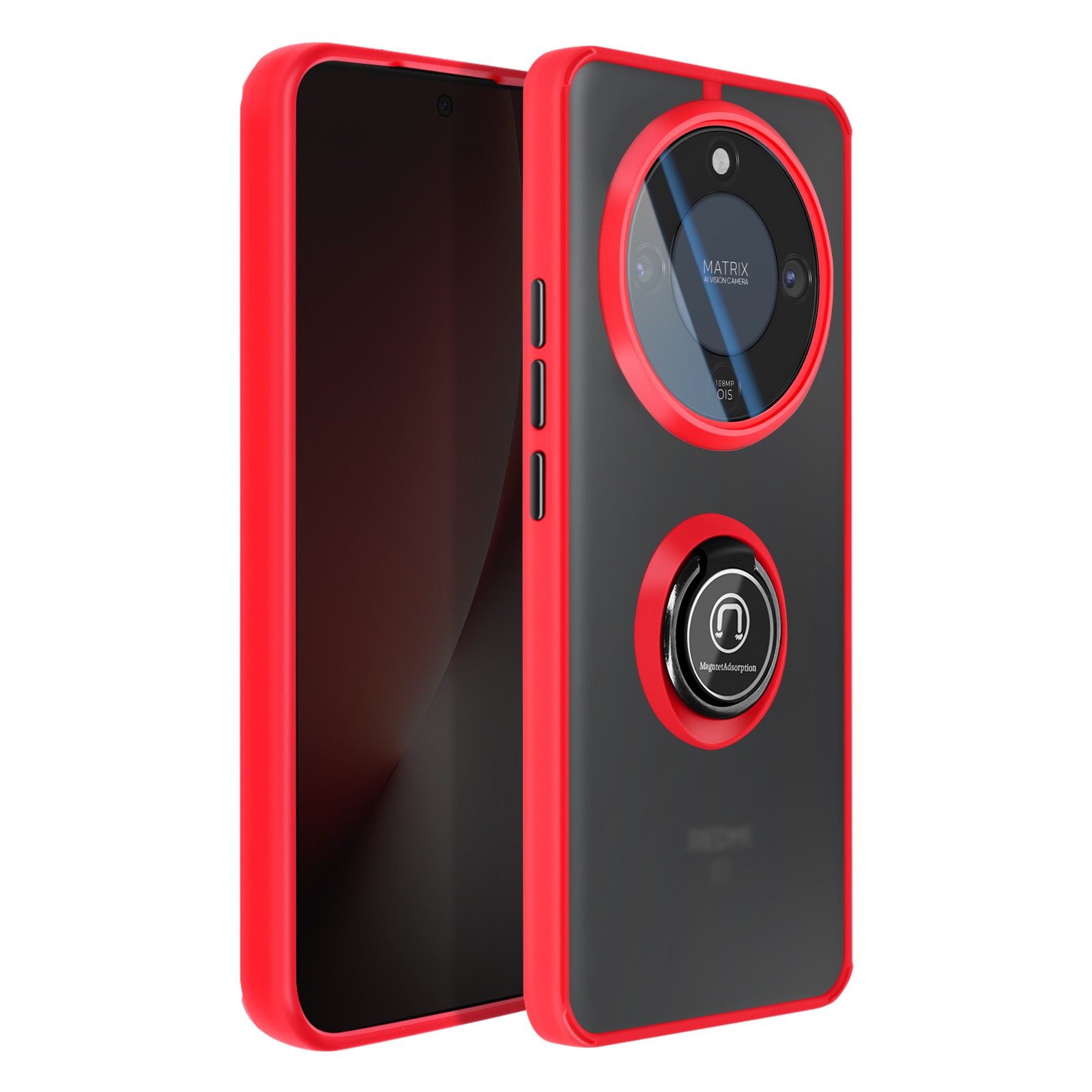 Rode hoes om een zwarte smartphone met camera en ringhouder.