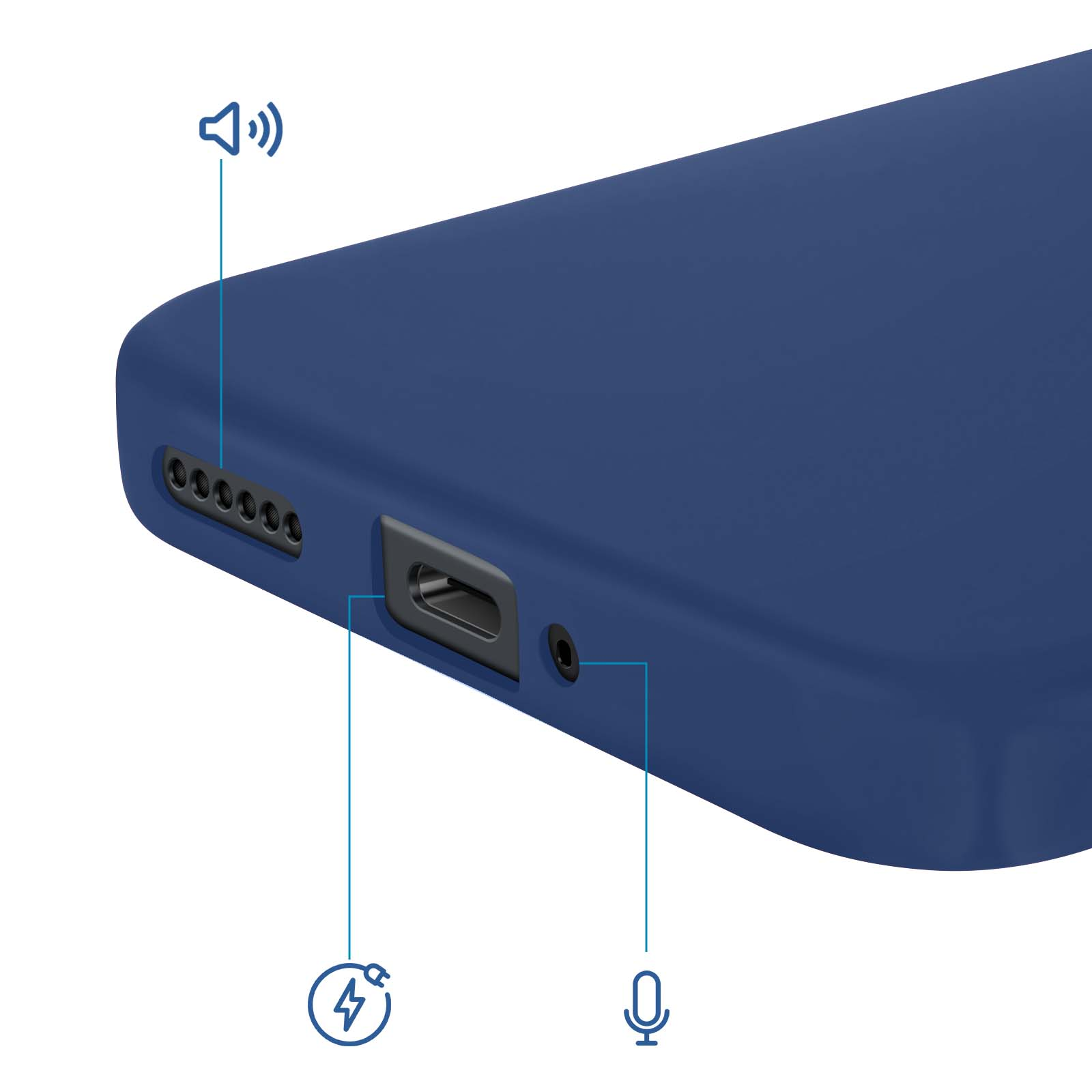 Vue de dessus d'un étui de téléphone bleu avec icônes de charge, micro et haut-parleur.