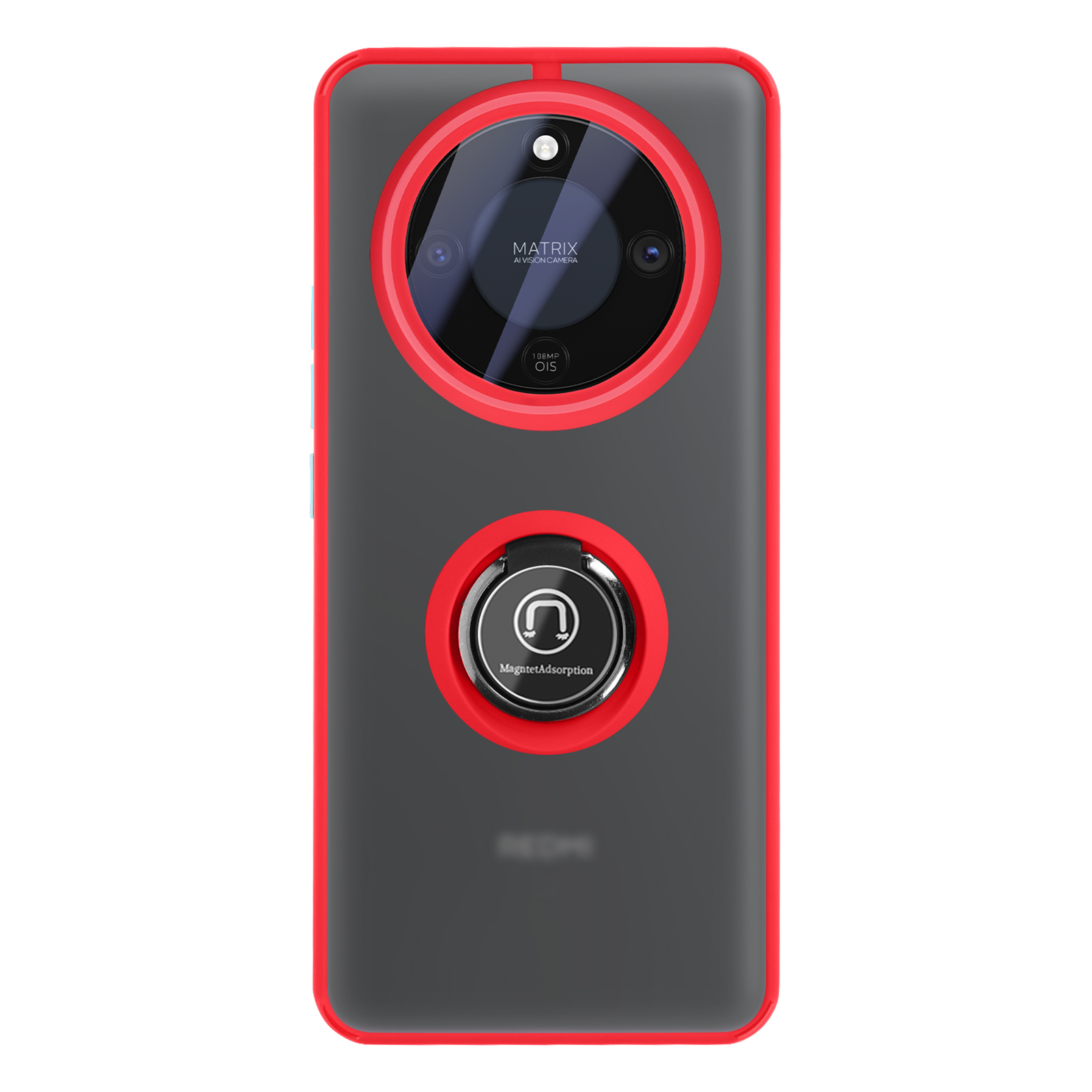 Grijze telefoonhoes met rode rand, camera en ringhouder.
