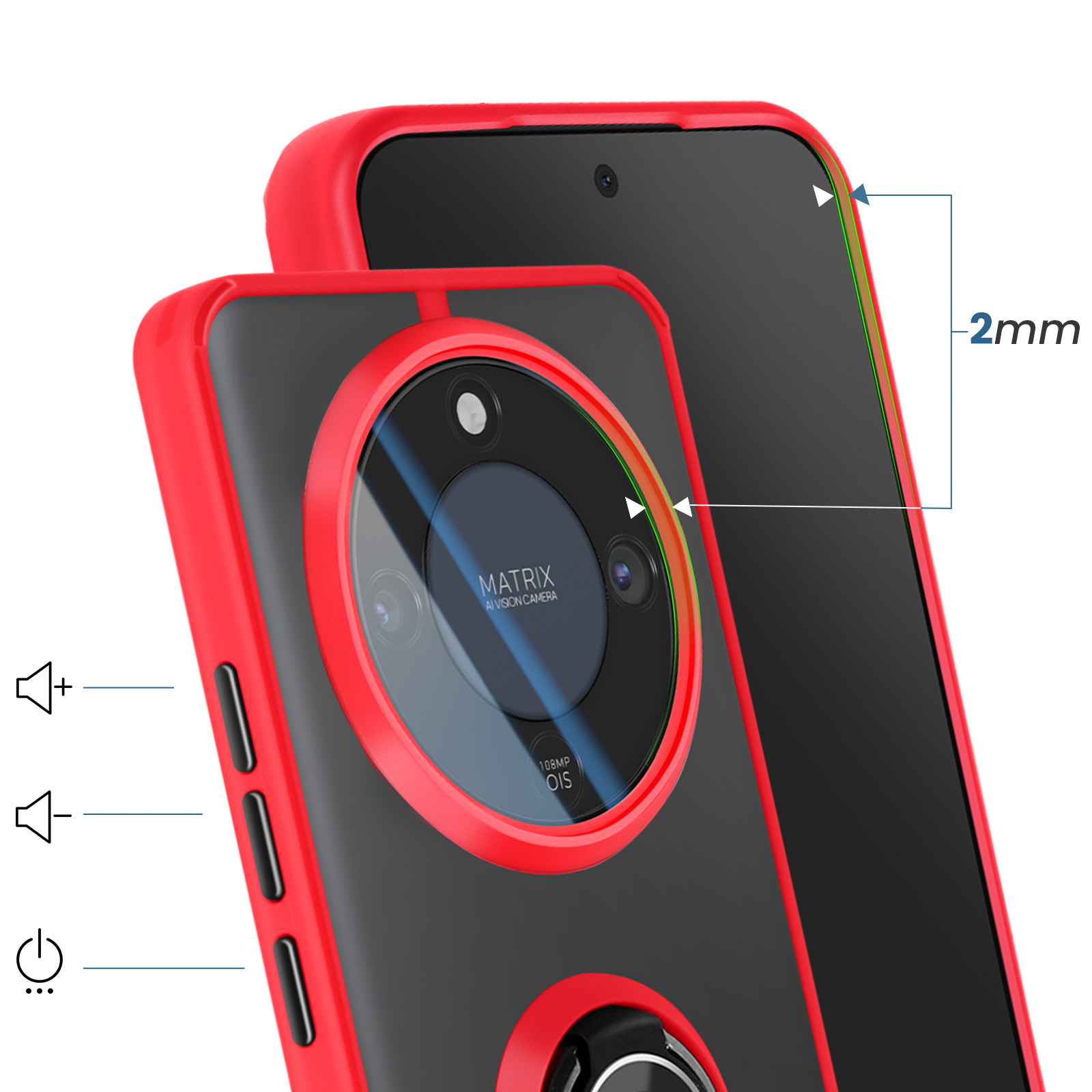 Rode telefoonhoes met zwarte achterkant, camera en 2mm indicator.