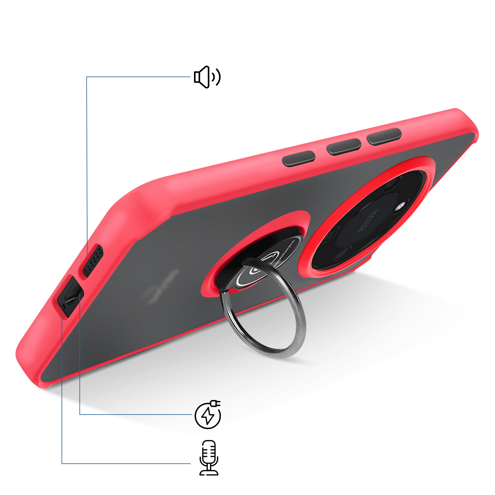 Rode telefoonhoes met grijze inzet, ringhouder en iconen voor geluid, opladen en microfoon.