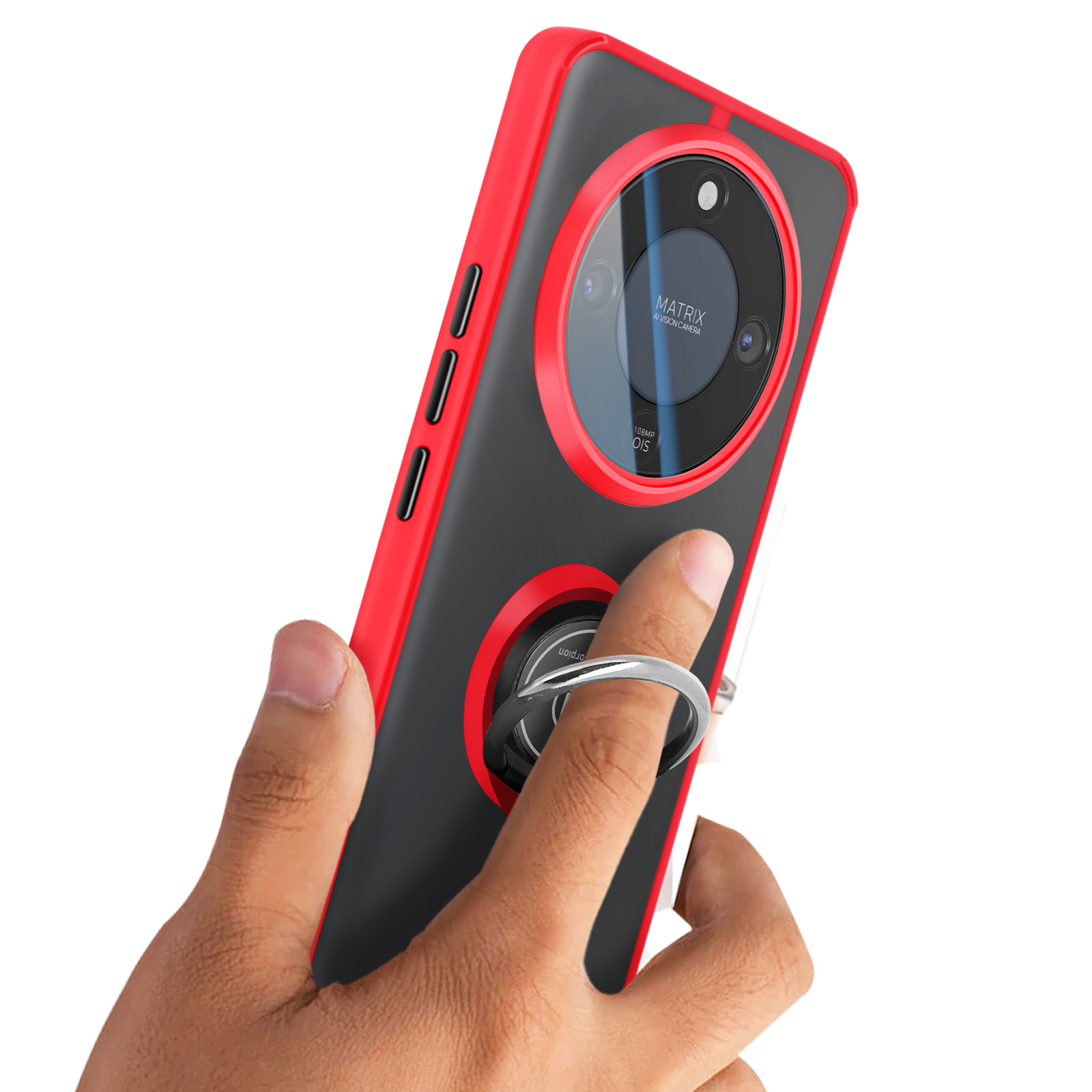 Een hand houdt een smartphone met rode rand en zwart hoesje vast. Een vinger in een ringhouder.