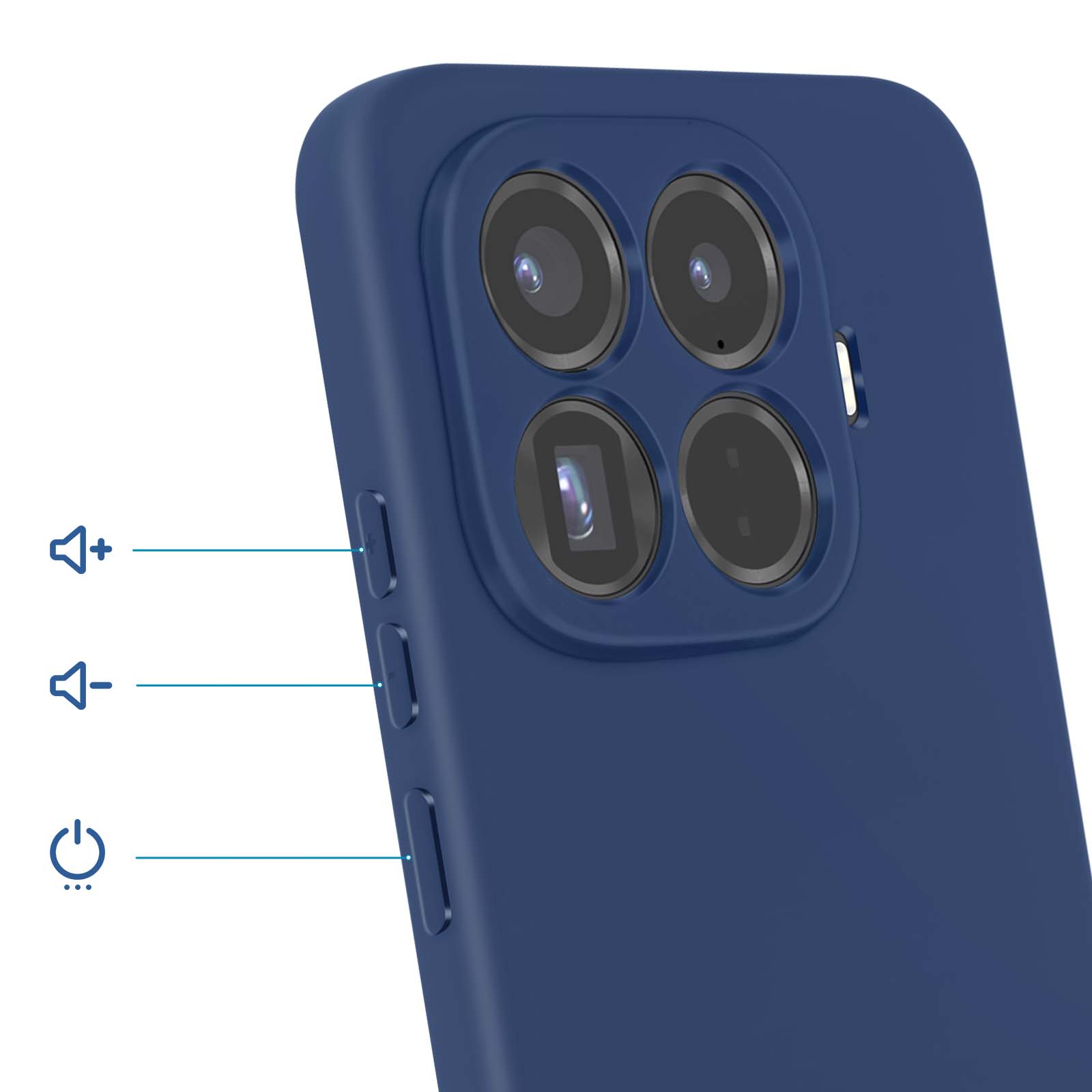 Blaue Handyhülle mit vierfacher Kamera und Lautstärke-/Ein/Aus-Tasten.