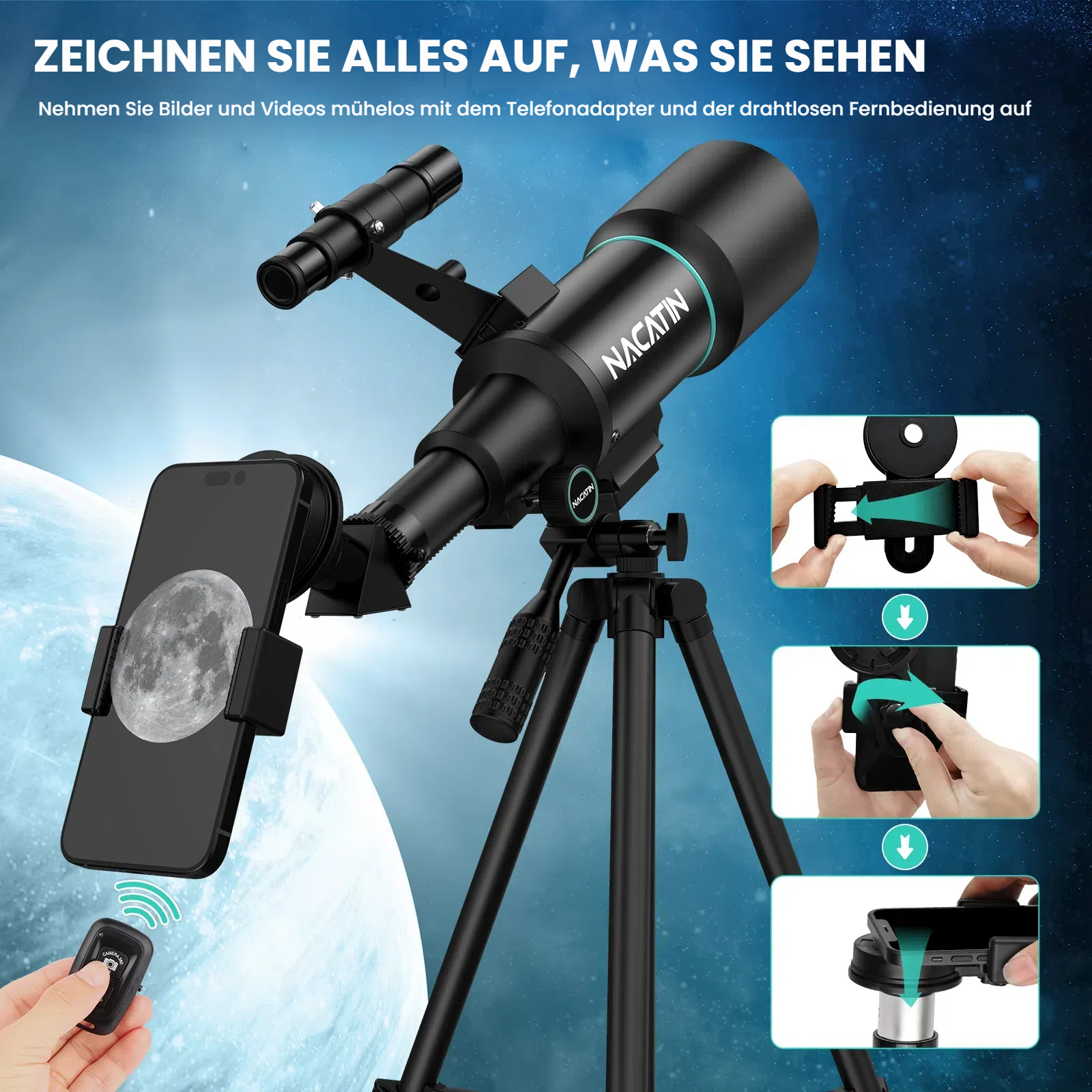 Ein Teleskop mit Handyhalterung, Fernbedienung und Anleitung.