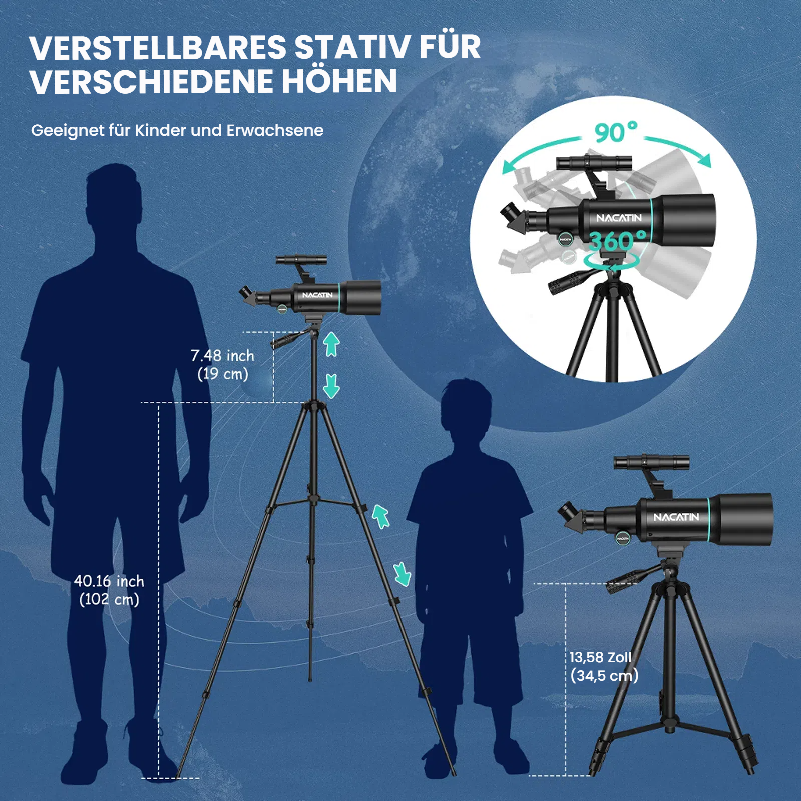 Teleskop auf Stativ, passend für Kinder und Erwachsene. Höhenangaben.