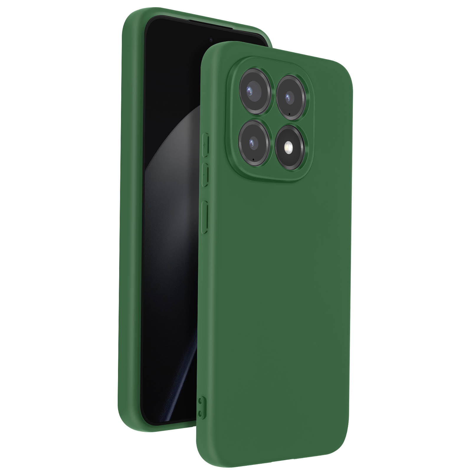 Groene telefoonhoes met vier cameralenzen en een zwart scherm.