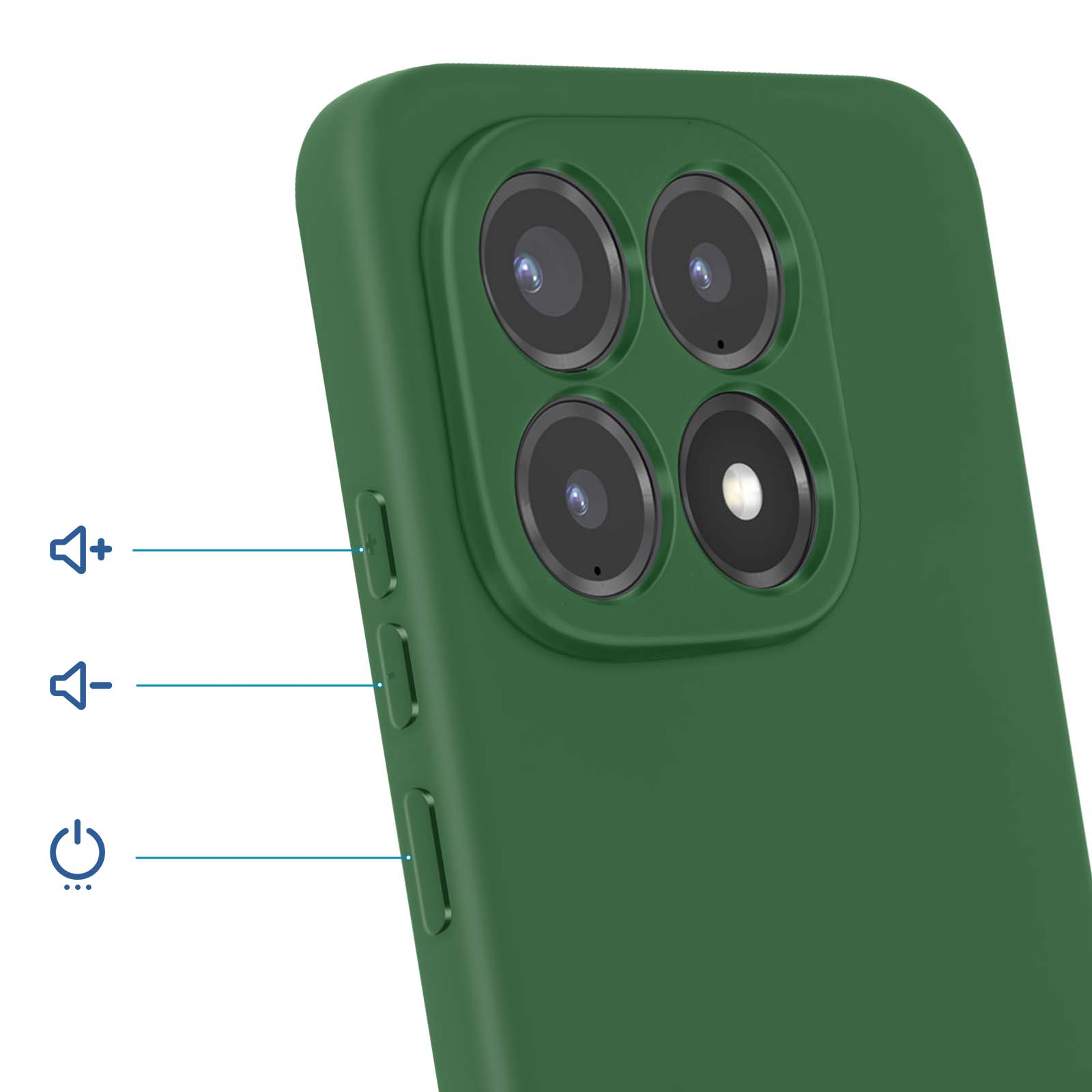Groene telefoonhoes met vier cameralenzen en volume/aan-uitknoppen.