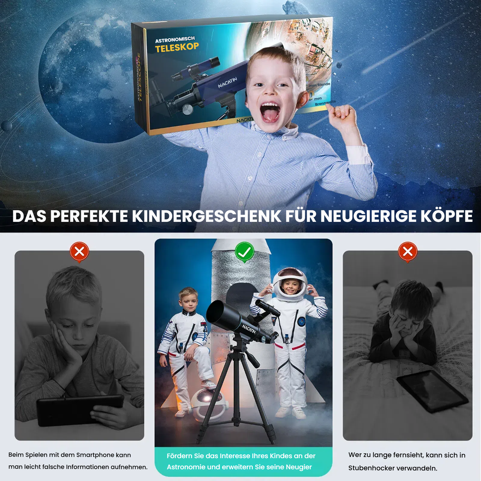 Ein Junge hält ein Teleskop-Paket hoch. Darunter Kinder in Astronautenanzügen.