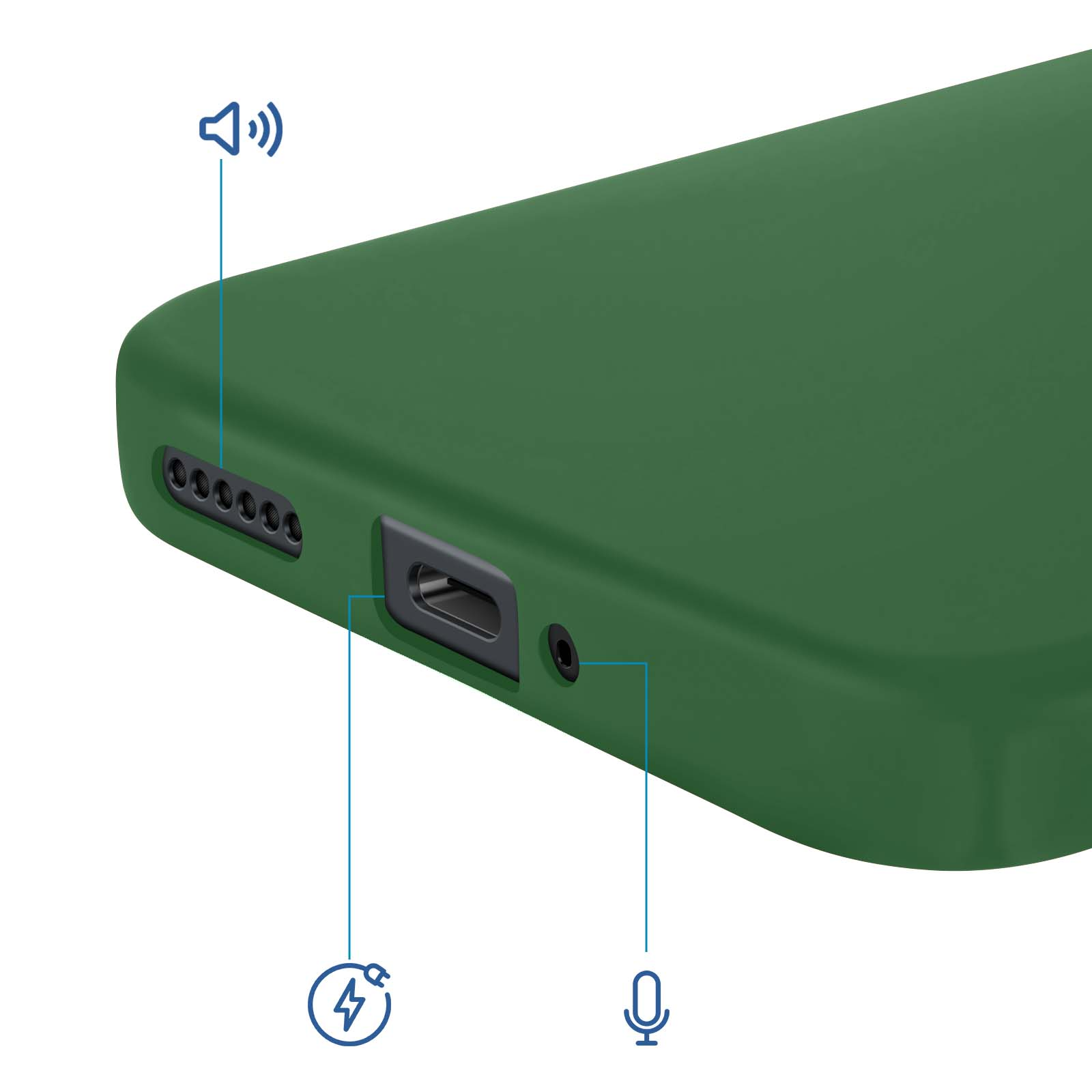 Groen telefoonhoesje met oplaadpoort, microfoon en luidsprekersleuven.