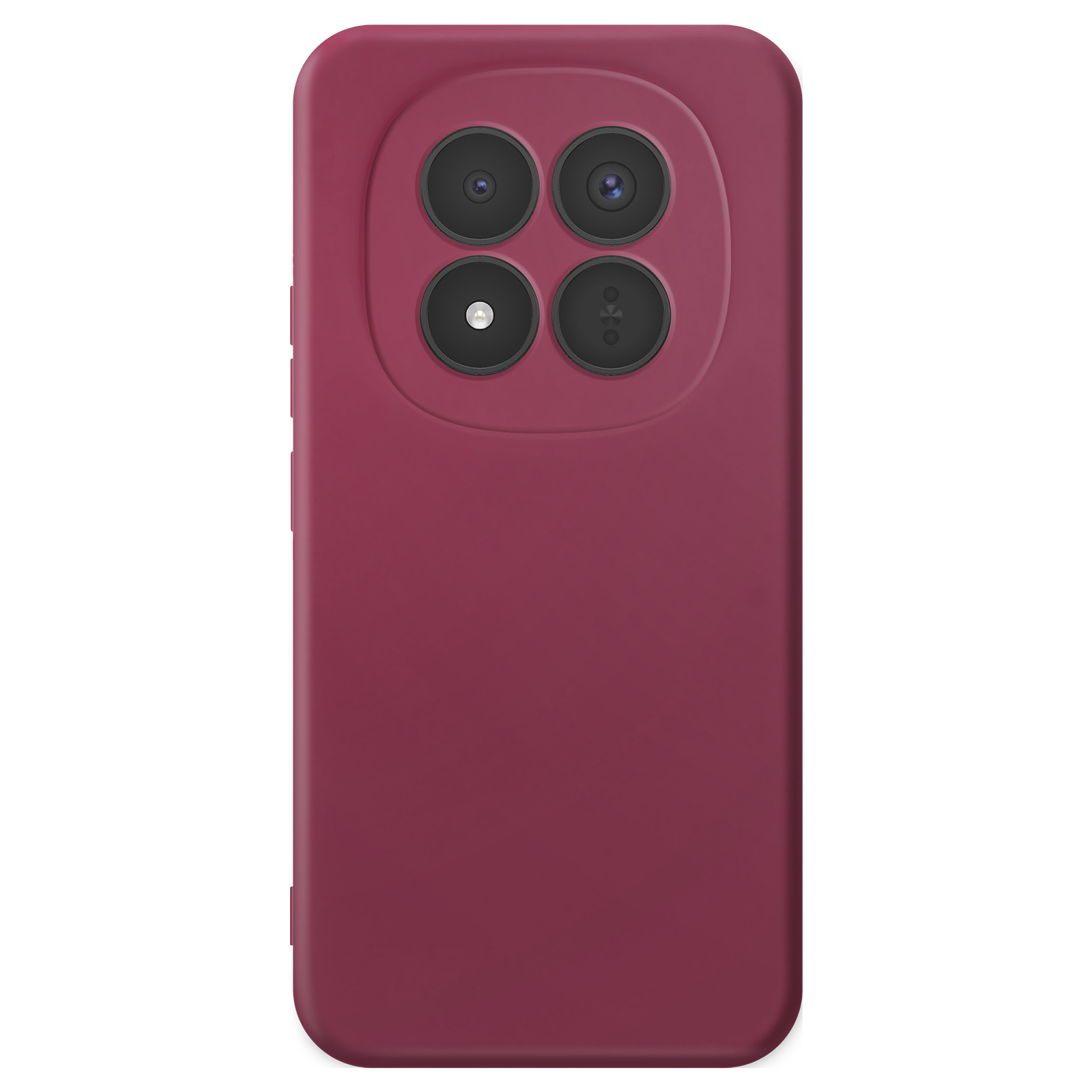 Retro di uno smartphone opaco color bordeaux con quattro fotocamere.