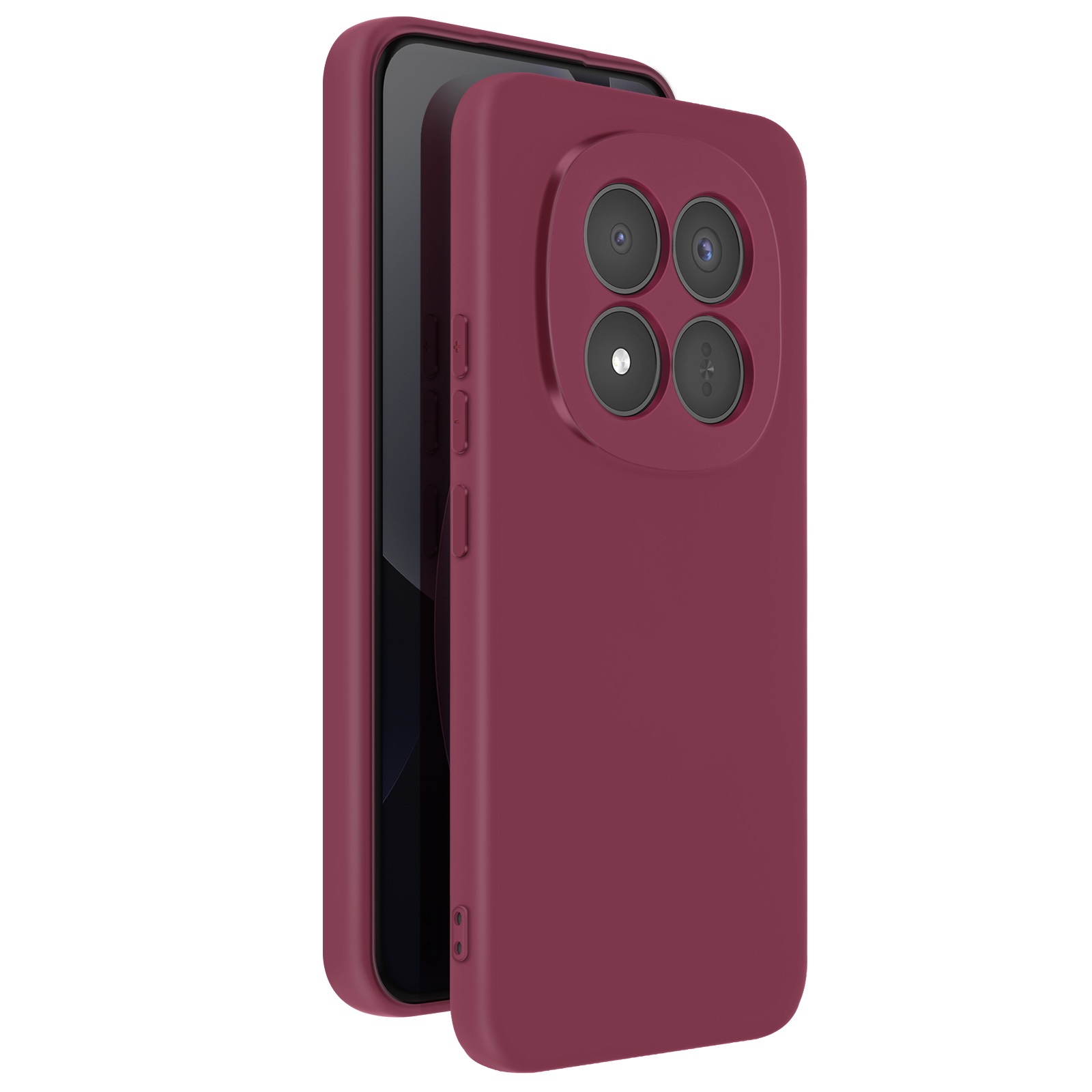Un telefono rosso scuro con quattro fotocamere posteriori, nella sua custodia.