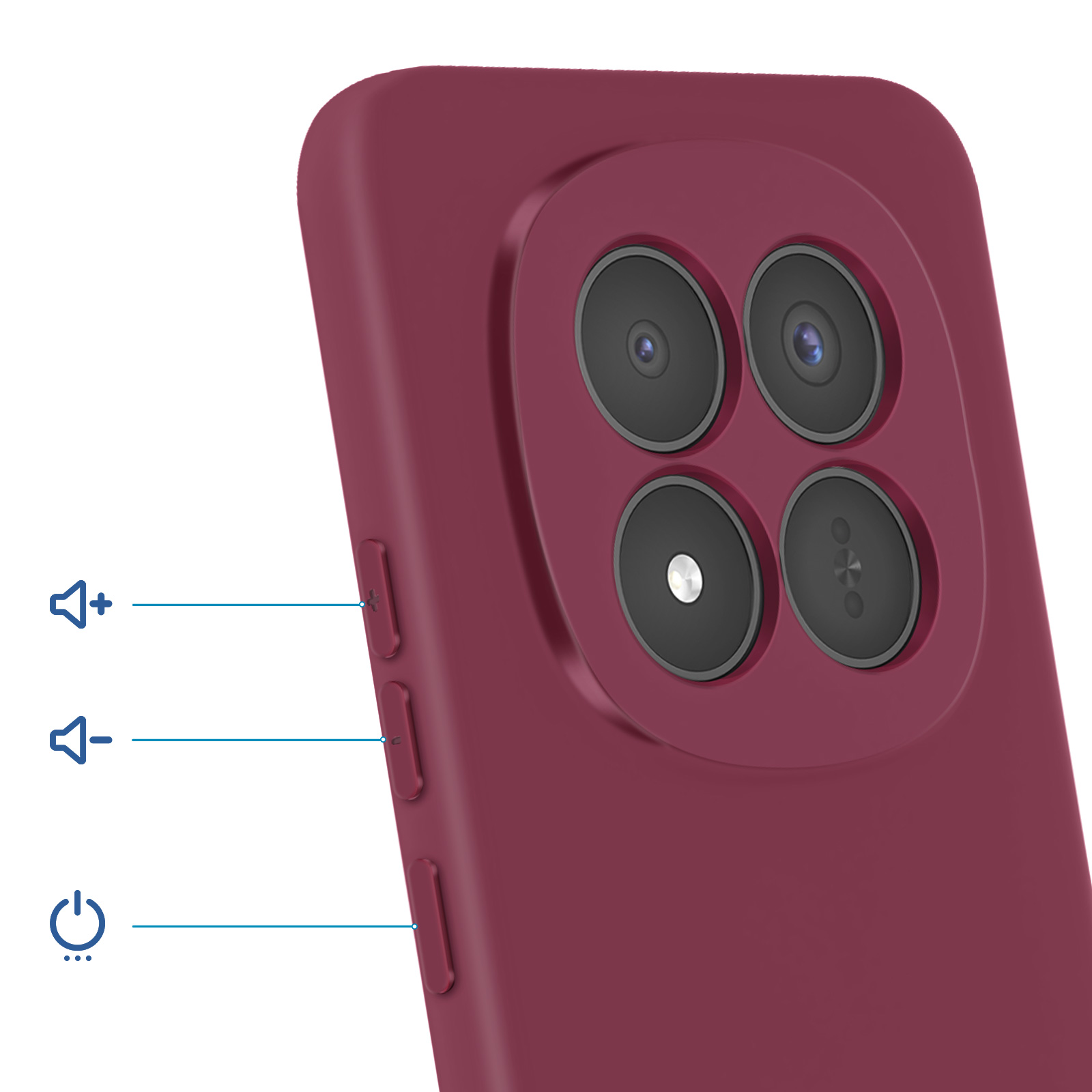 Retro di uno smartphone rosso con quattro fotocamere e pulsanti volume/accensione.