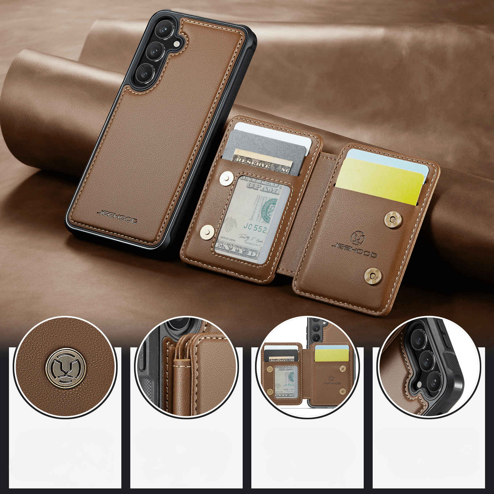 Custodia per telefono in pelle marrone con scomparti per carte e porta contanti.