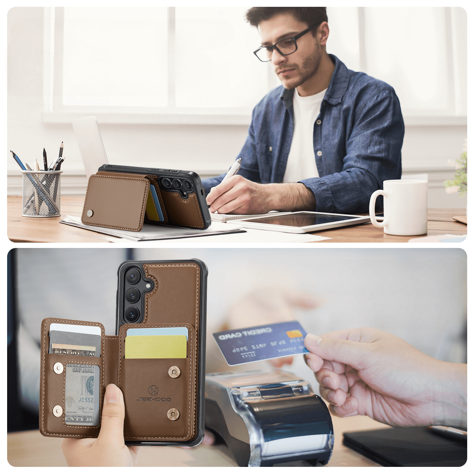 Uomo alla scrivania con cover telefono e portafoglio. Persona paga con carta.