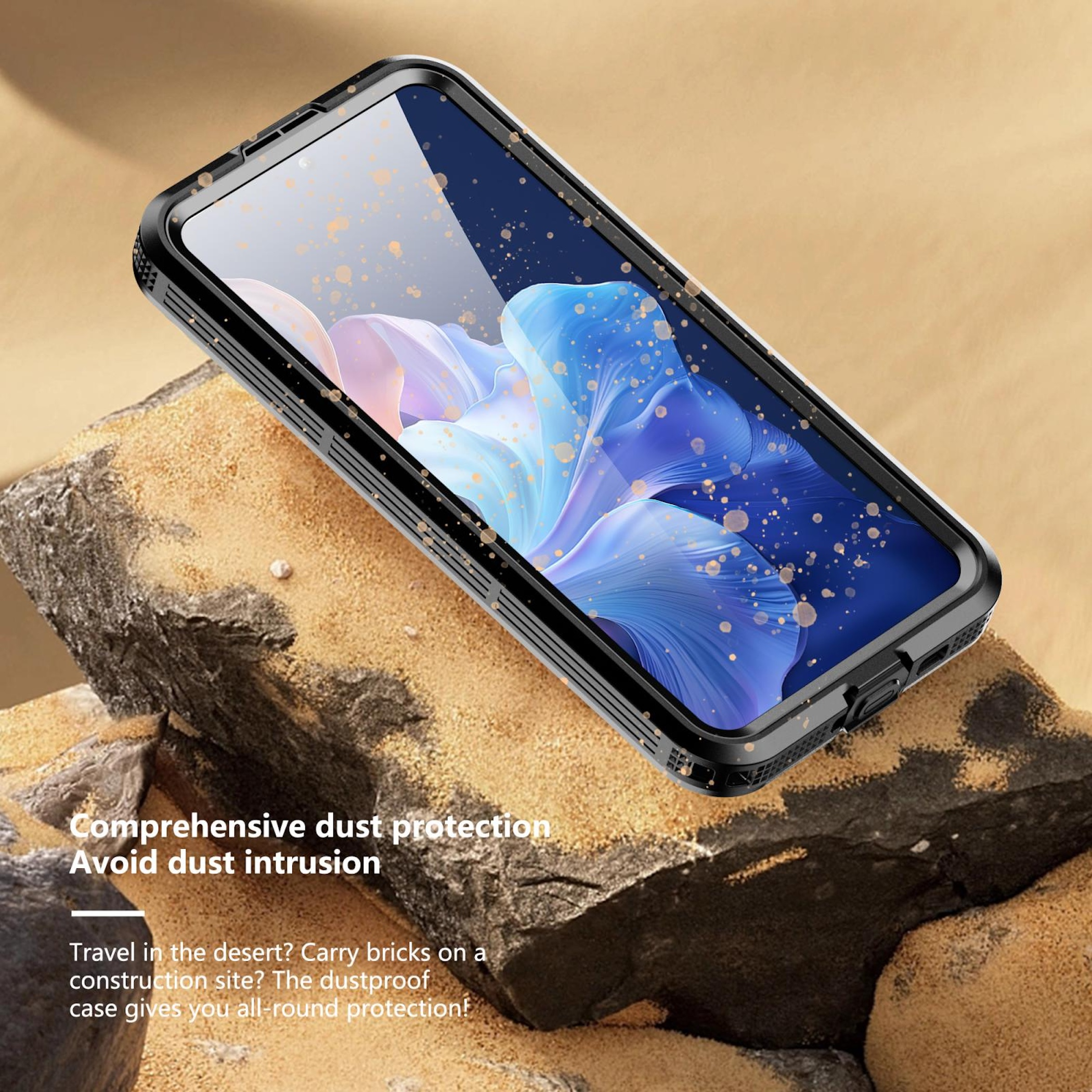 Ein Smartphone mit Staub darauf liegt auf Steinen und Sand.