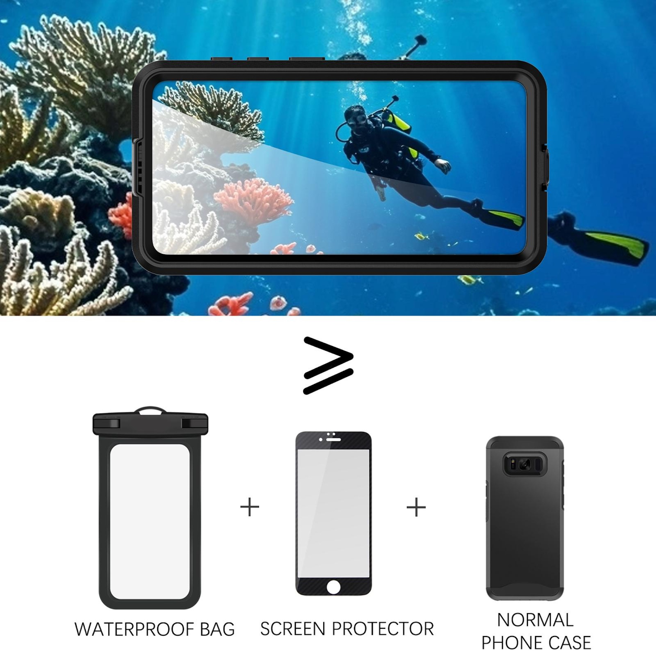 Ein Taucher schwimmt unter Wasser neben Korallen. Darunter sind eine wasserdichte Tasche, ein Displayschutz und eine Handyhülle.
