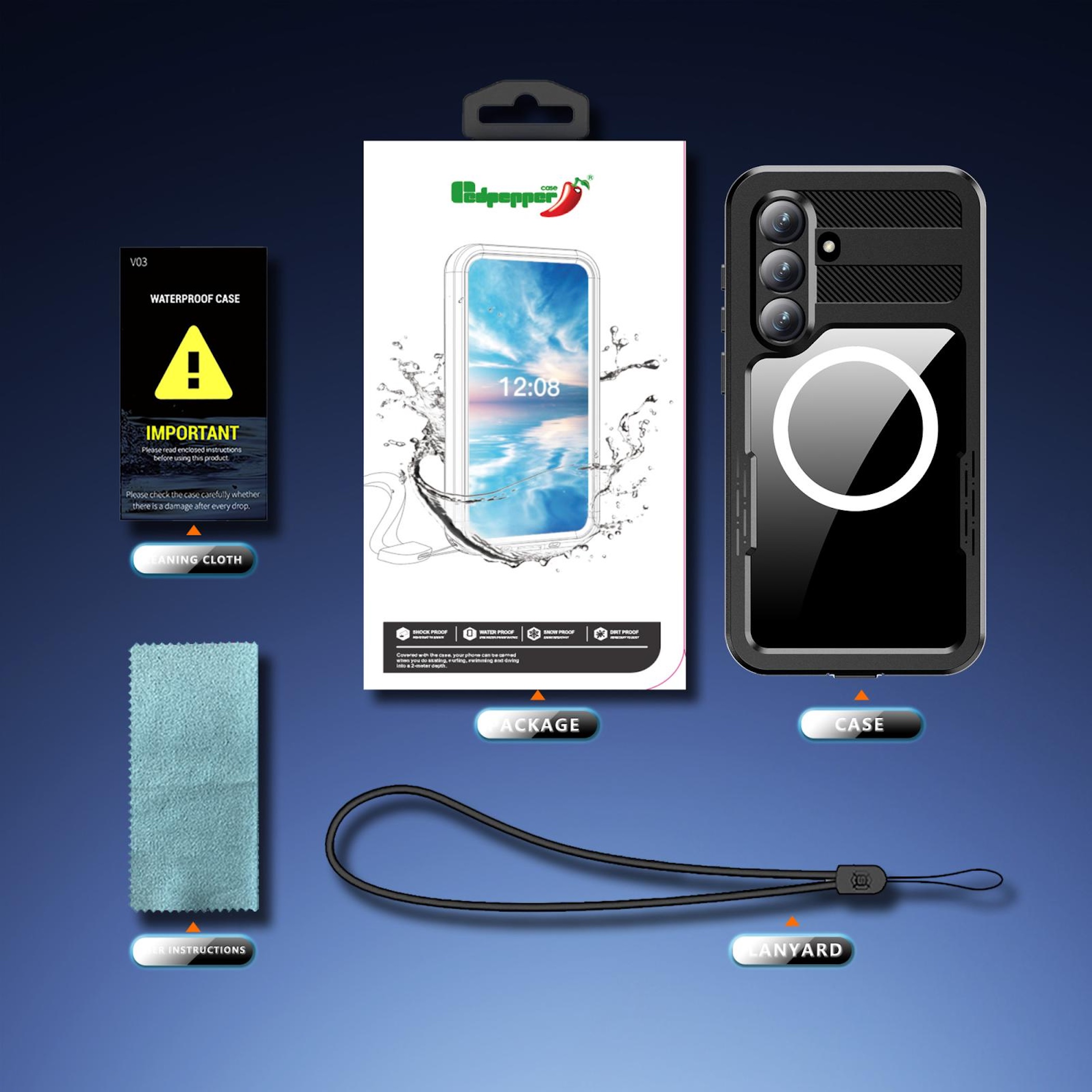 Wasserdichte Hülle mit Reinigungs- und Lanyardtuch, Verpackung und Anleitung.