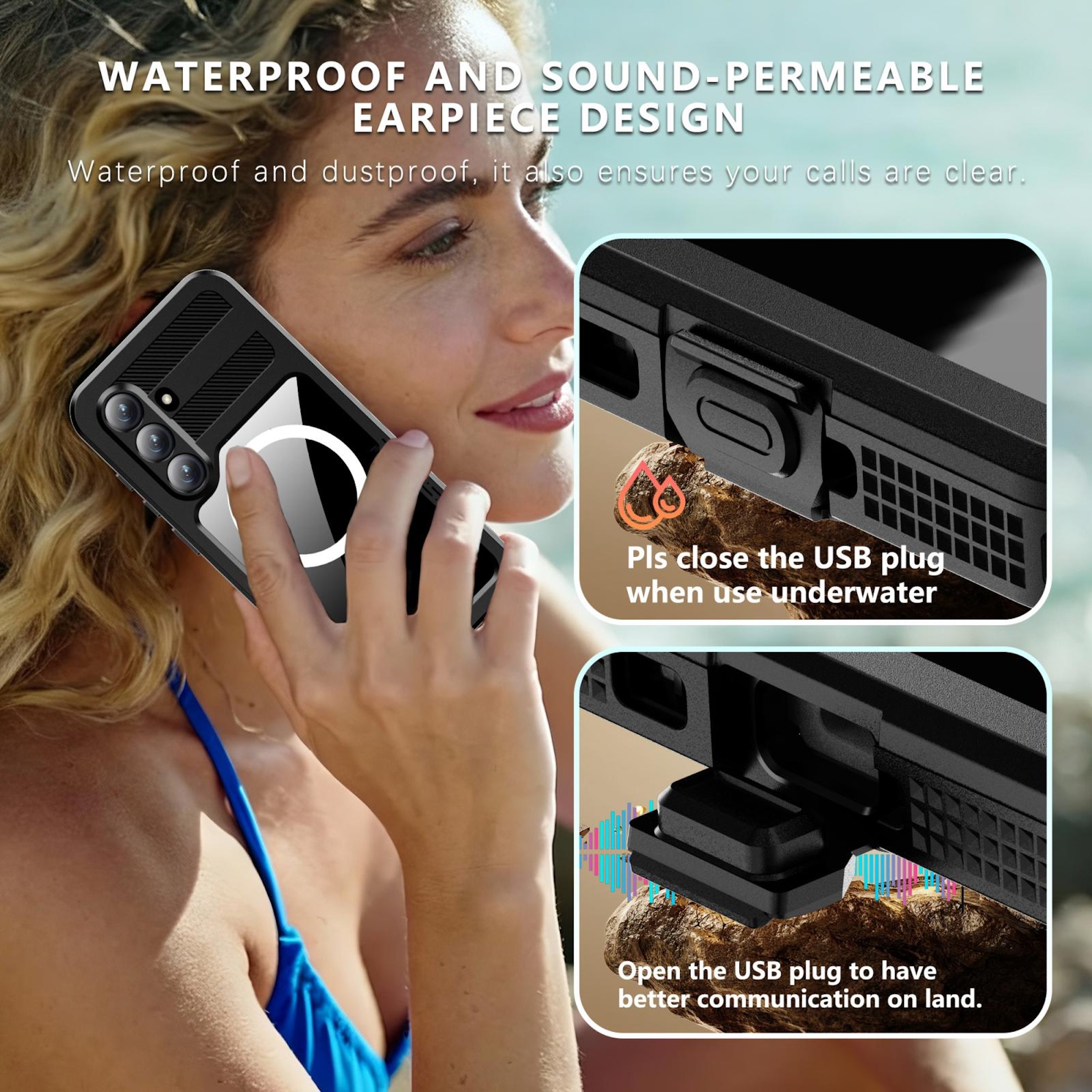 Eine Frau mit blonden Haaren telefoniert mit einem Smartphone in einer wasserdichten Hülle.