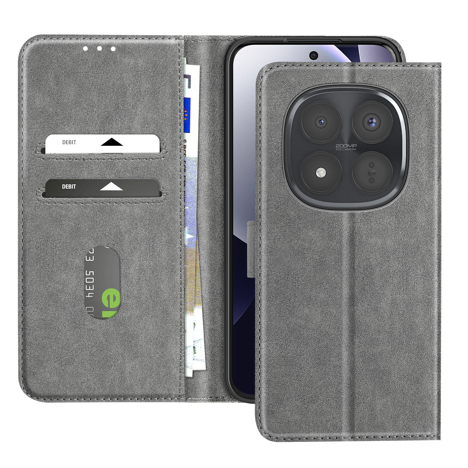 Custodia a libro grigia per telefono con slot per carte e banconote.