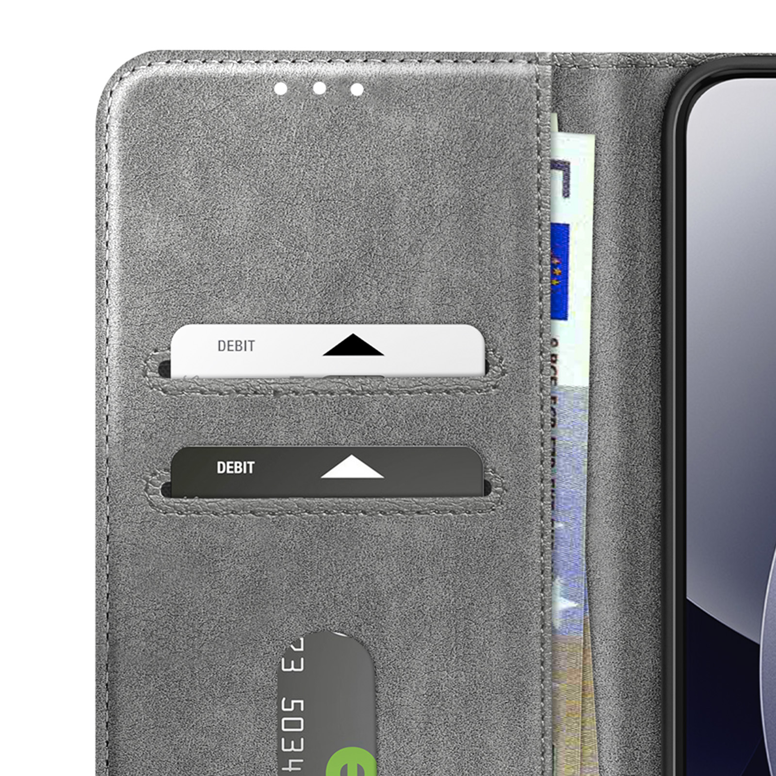 Portafoglio grigio con porta carte, banconote e telefono.