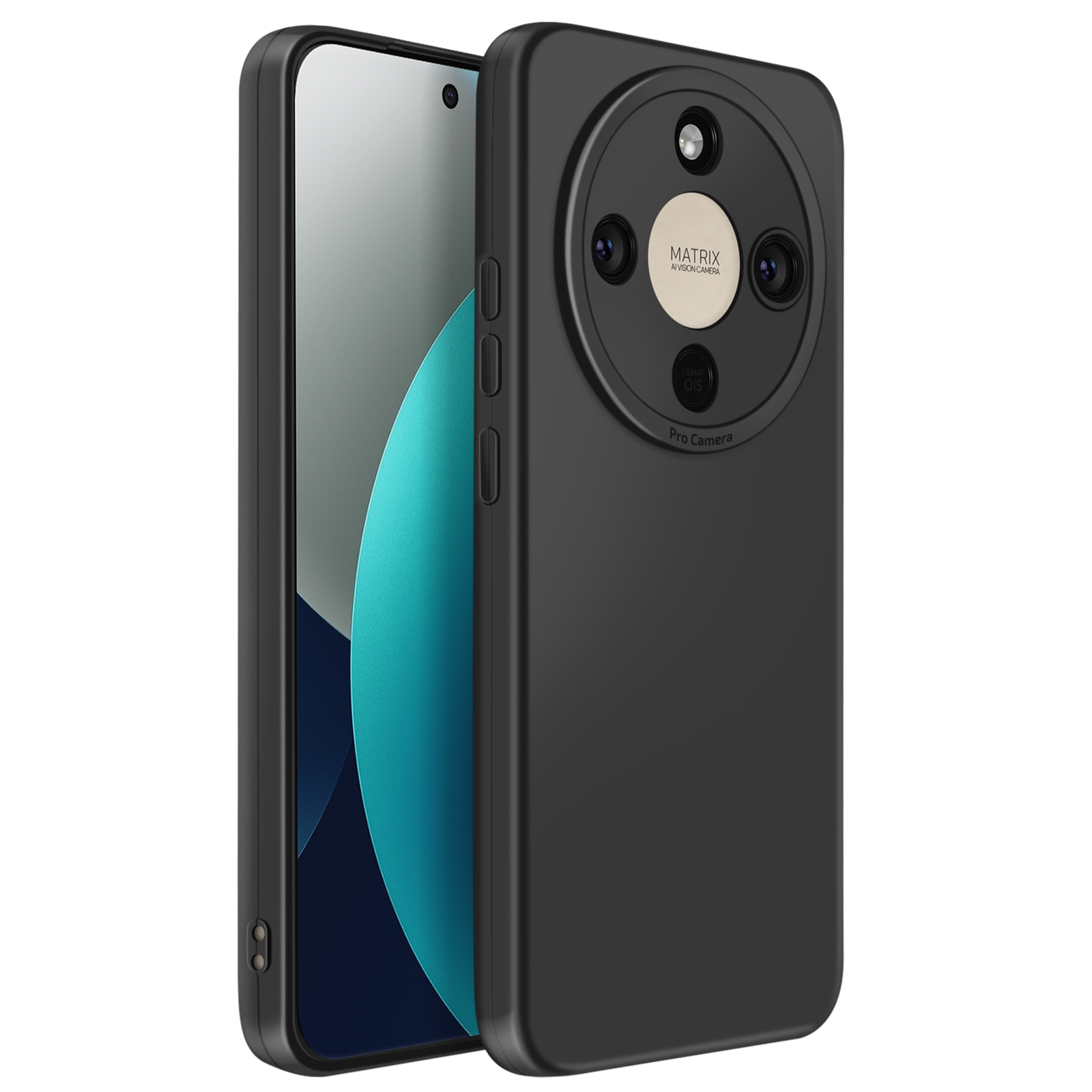 Zwarte smartphone met grote cameralens die drie lenzen en Matrix AI Vision toont.