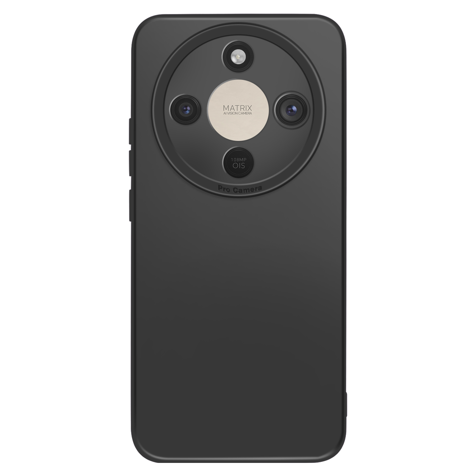 Achterkant van een zwarte smartphone met ronde cameramodule.