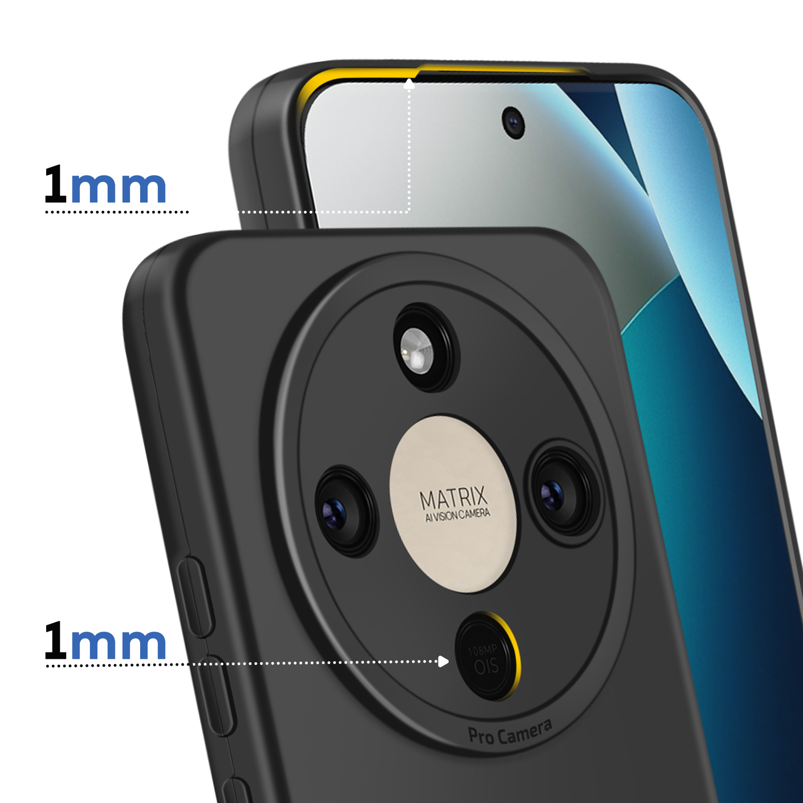 Zwarte telefoonhoes met 1mm rand, camera-array en gele accent.