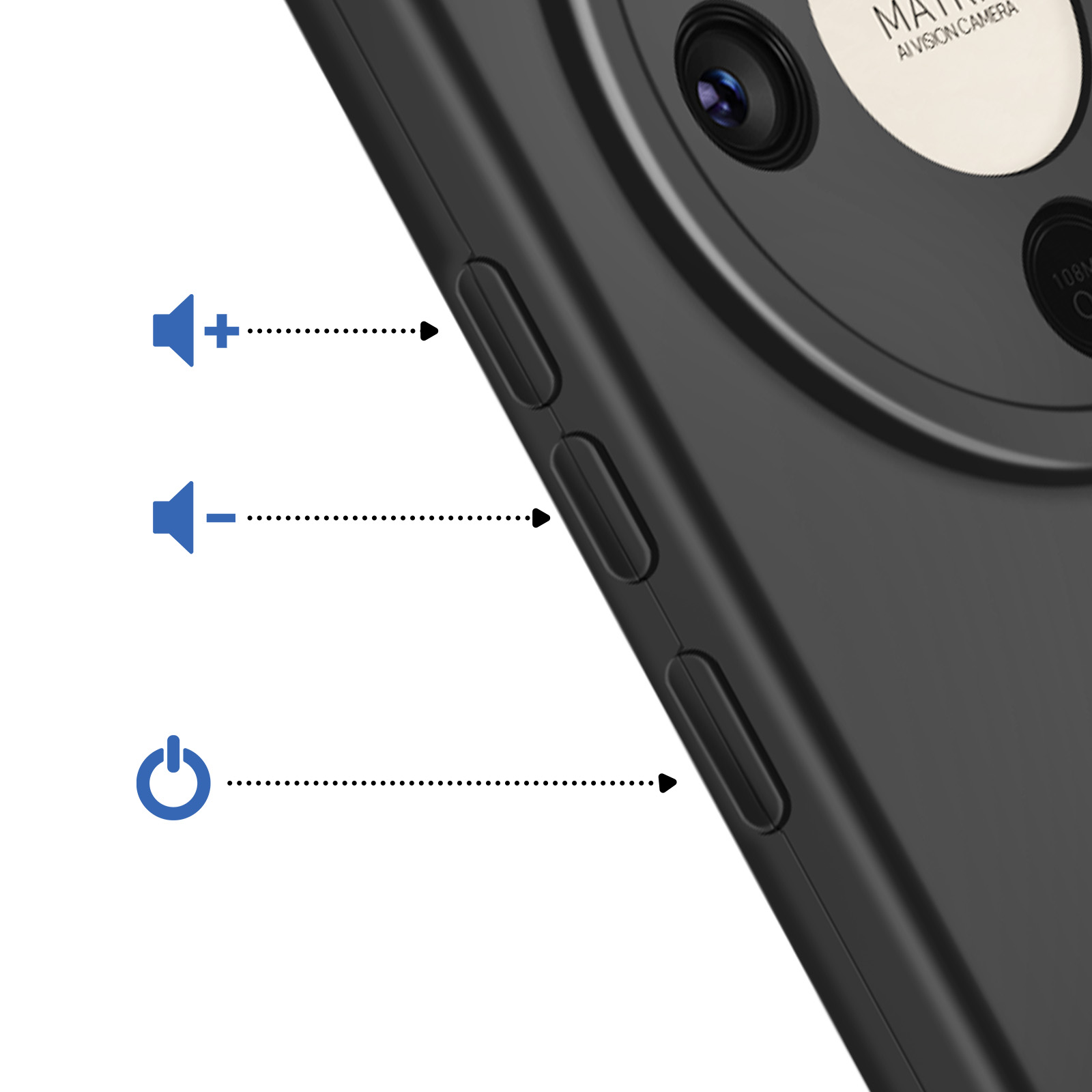 Volume omhoog/omlaag en aan/uit-knoppen op een zwarte mobiel.