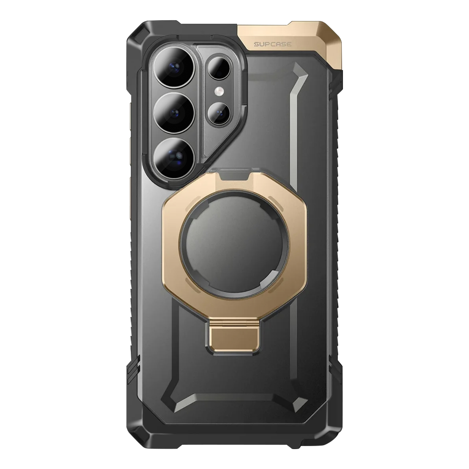 Funda negra para teléfono con soporte de anillo dorado y módulo de cámara.