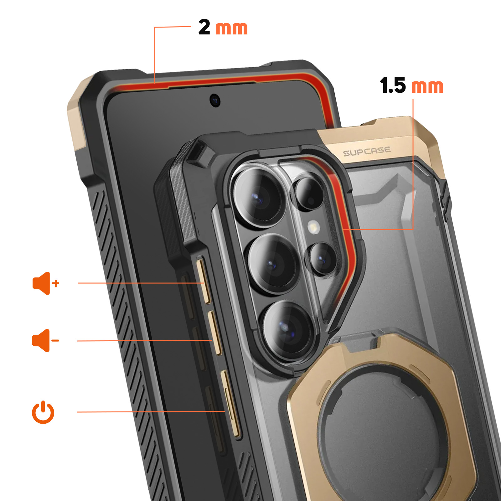 Funda negra para teléfono con detalles dorados, se muestran marcas de 2 mm y 1,5 mm.
