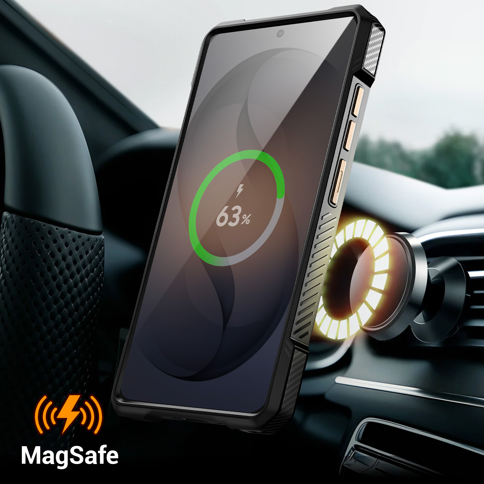 Un smartphone con soporte MagSafe se carga en un coche.