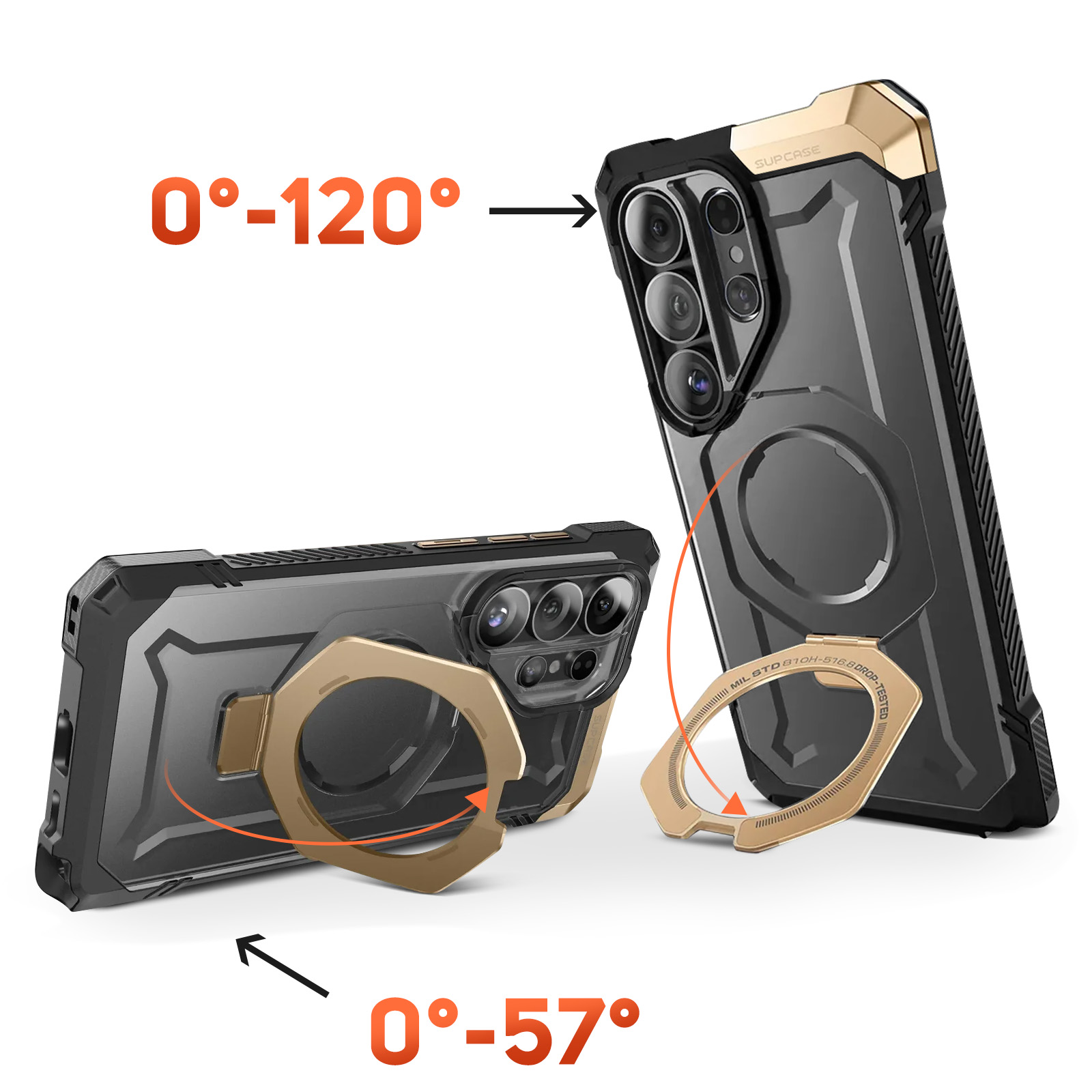 Funda de teléfono negra con soporte de anillo dorado, mostrando ángulos de 0-120° y 0-57°.