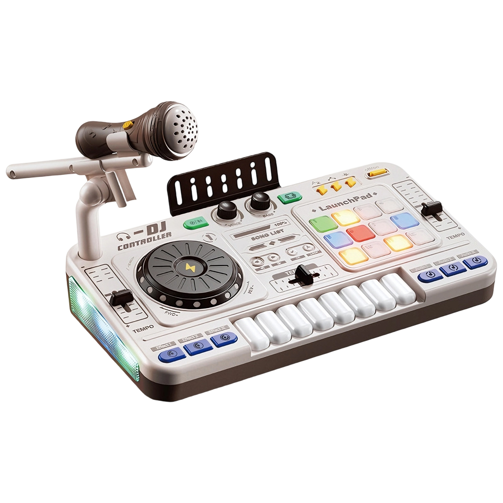 Ein DJ-Controller mit Mikrofon, Tasten und Lichtern.