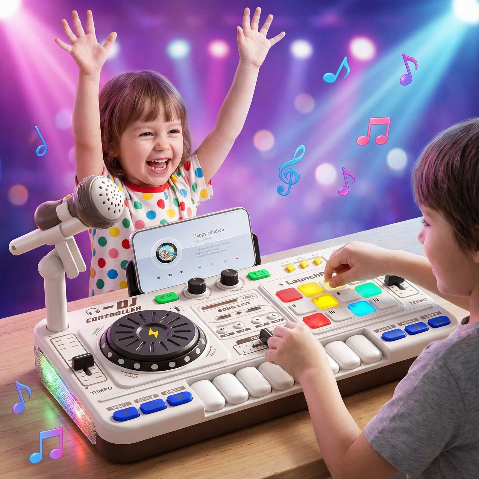 Zwei Kinder spielen mit einem DJ-Controller mit Mikrofon und leuchtenden Tasten.