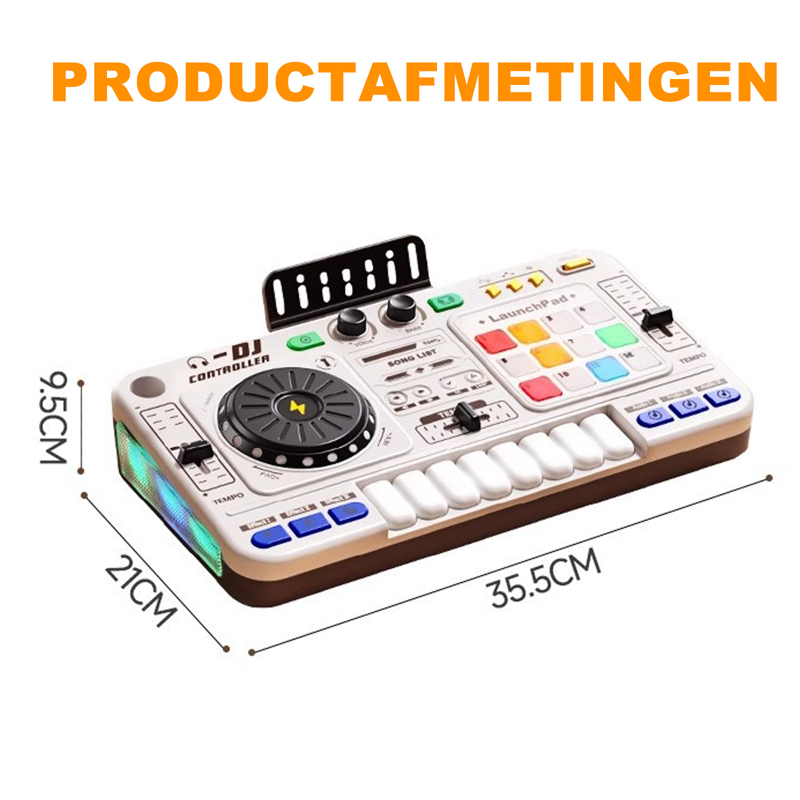 Ein weißer DJ-Controller mit Pads, Tasten, Drehrädern und Maßangaben.