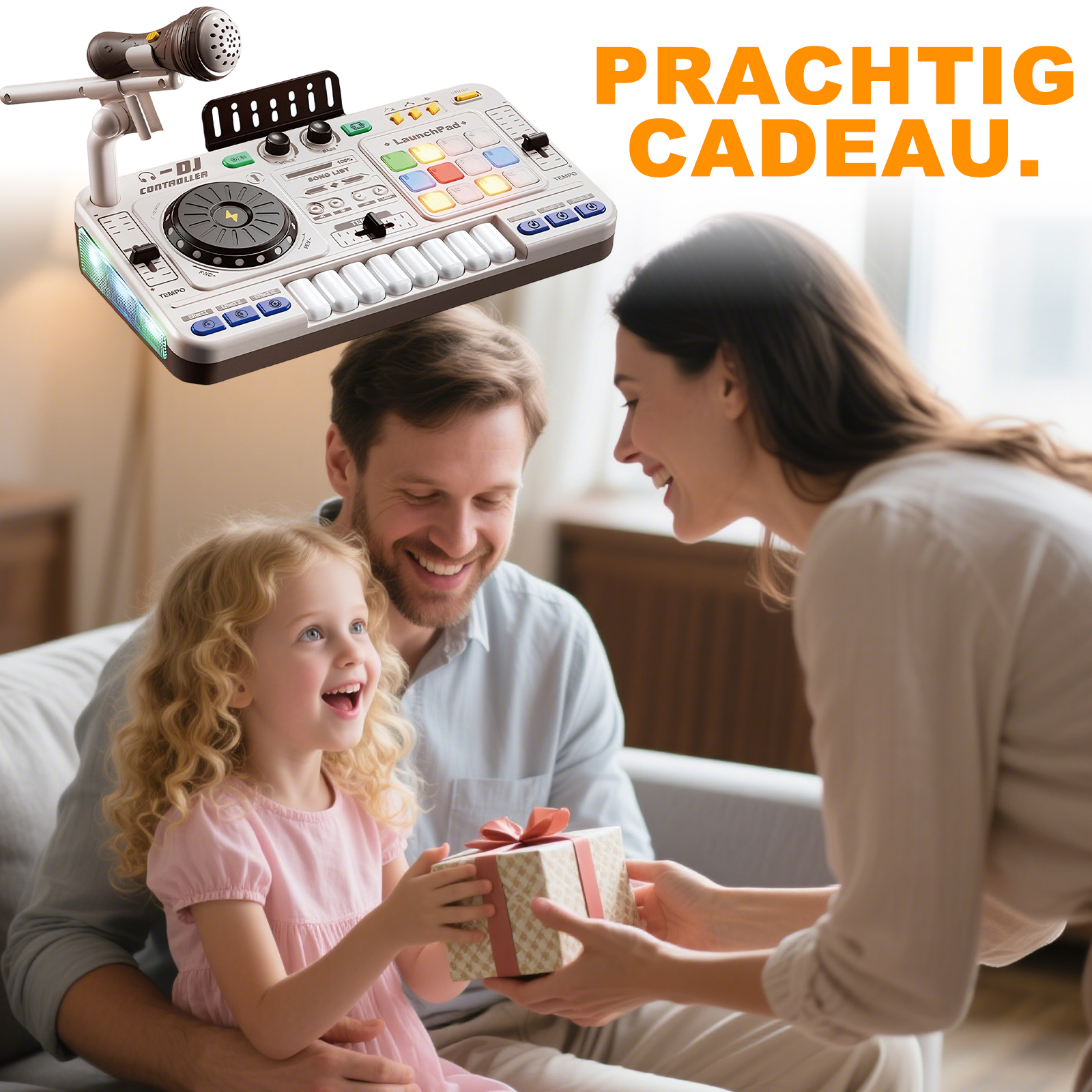 Vater, Mutter und Kind tauschen ein Geschenk aus. Oben ist ein DJ-Controller.