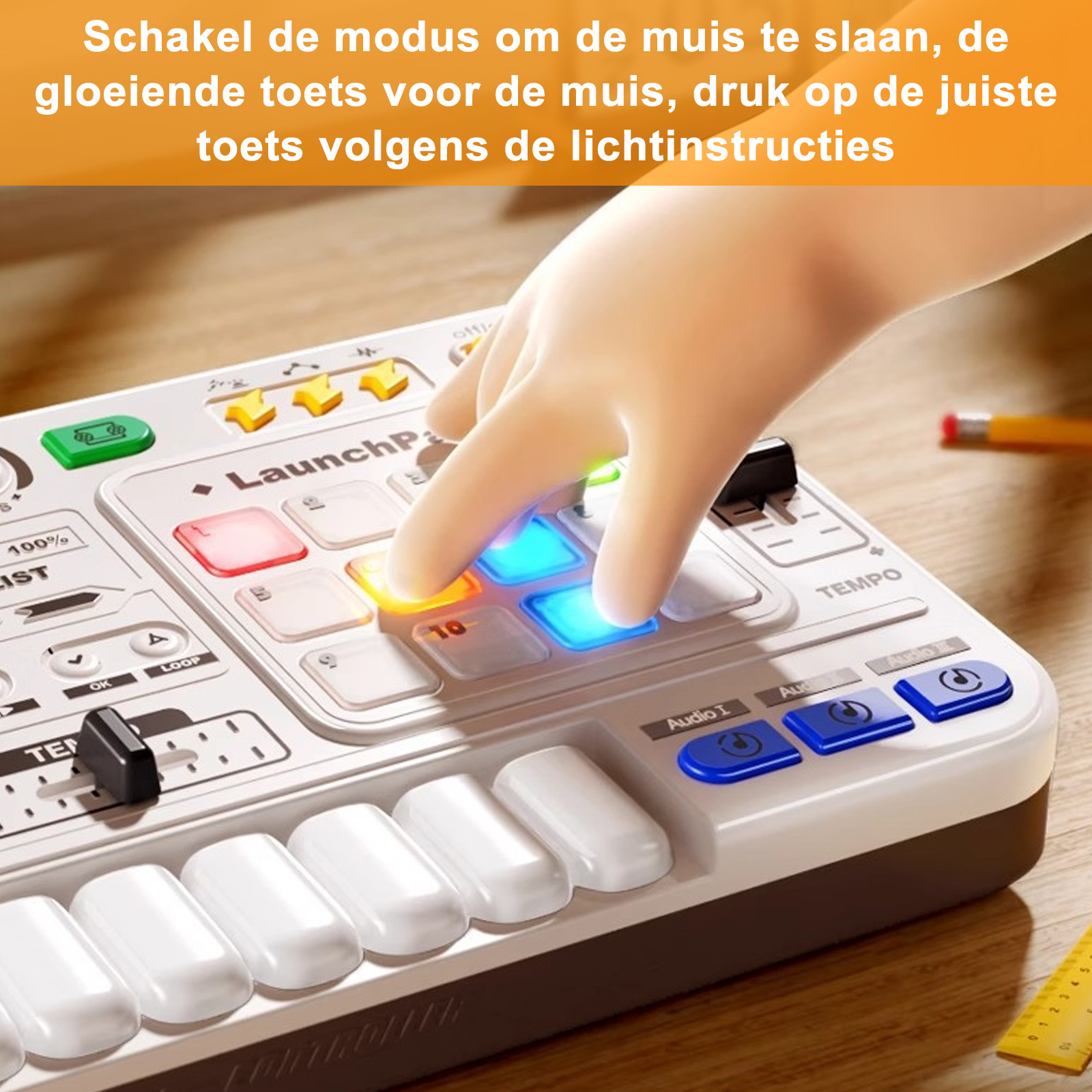 Kind drückt leuchtende Tasten auf einem Musikcontroller. Nahaufnahme.