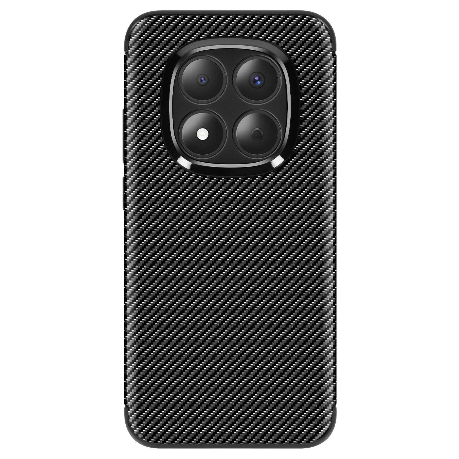 Coque de téléphone noire motif fibre de carbone avec quadruple caméra.