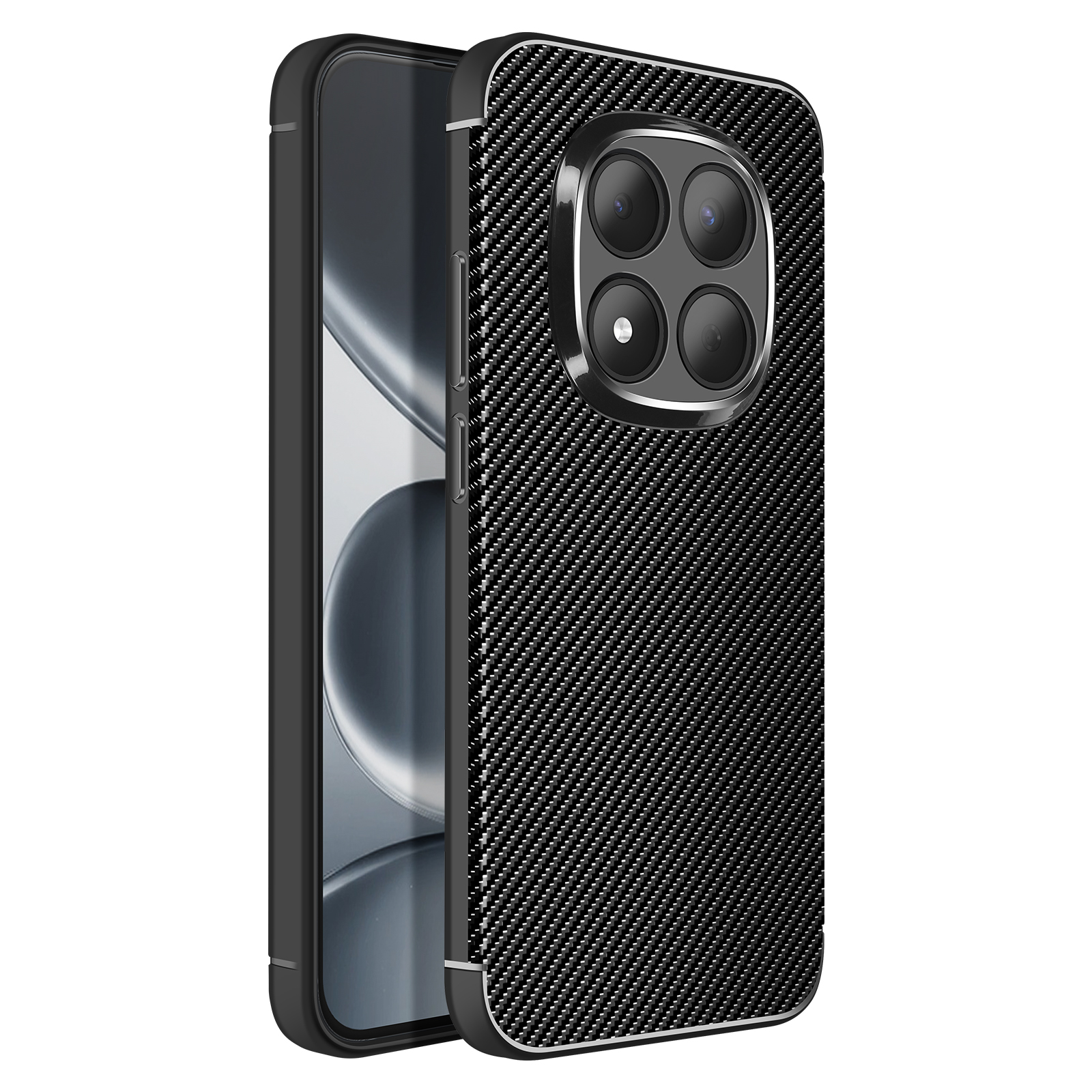 Un téléphone noir à motif carbone avec quatre caméras au dos.