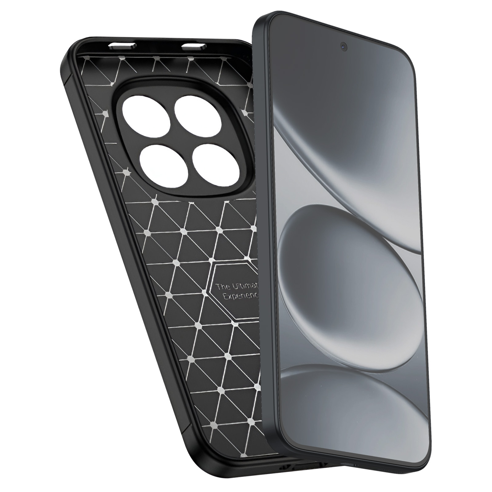 Coque de téléphone noire à motif quadrillé et quatre découpes rondes. À côté, un smartphone.