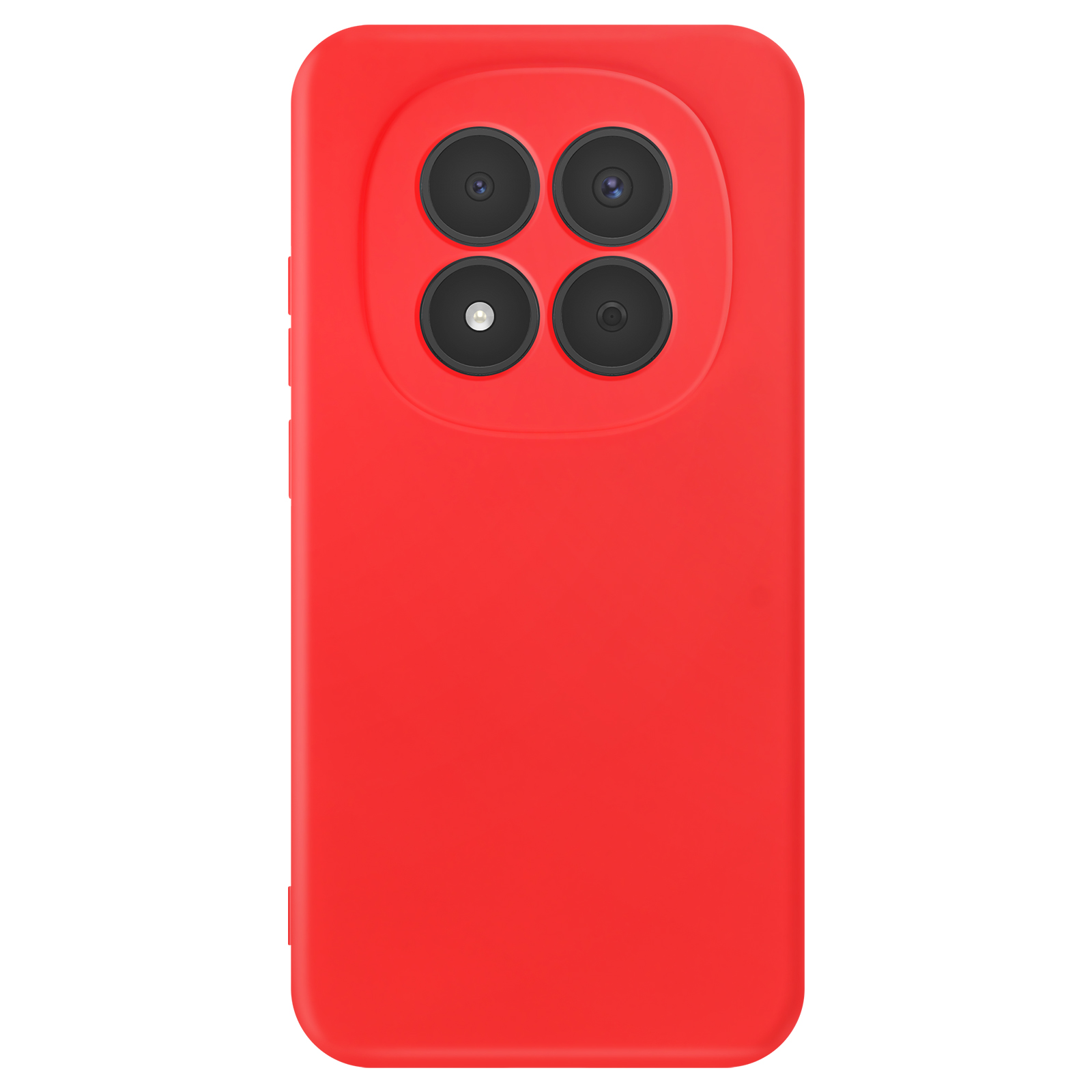 Custodia rossa per telefono con quattro obiettivi della fotocamera in un ritaglio circolare.