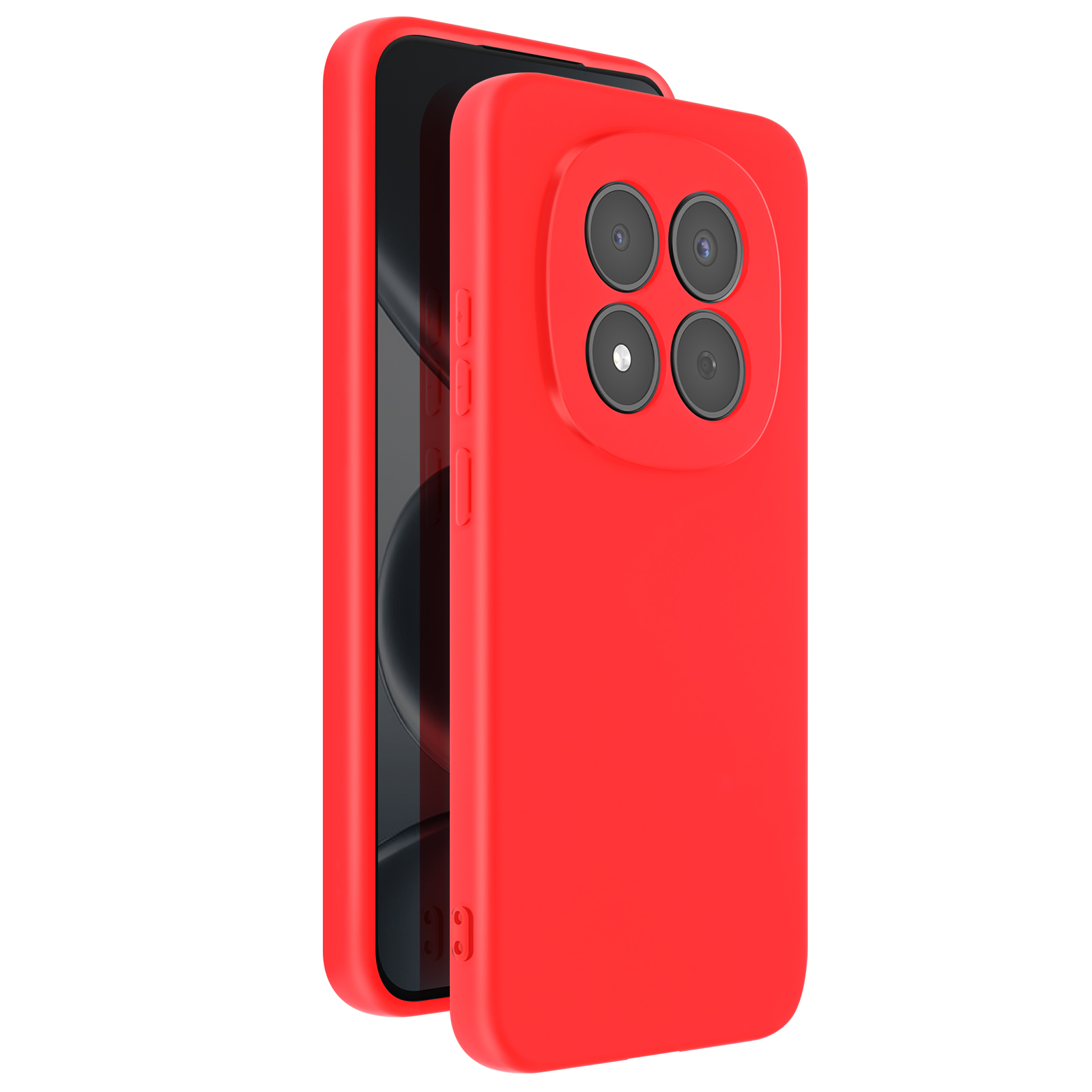Cover rossa per telefono con quattro obiettivi.