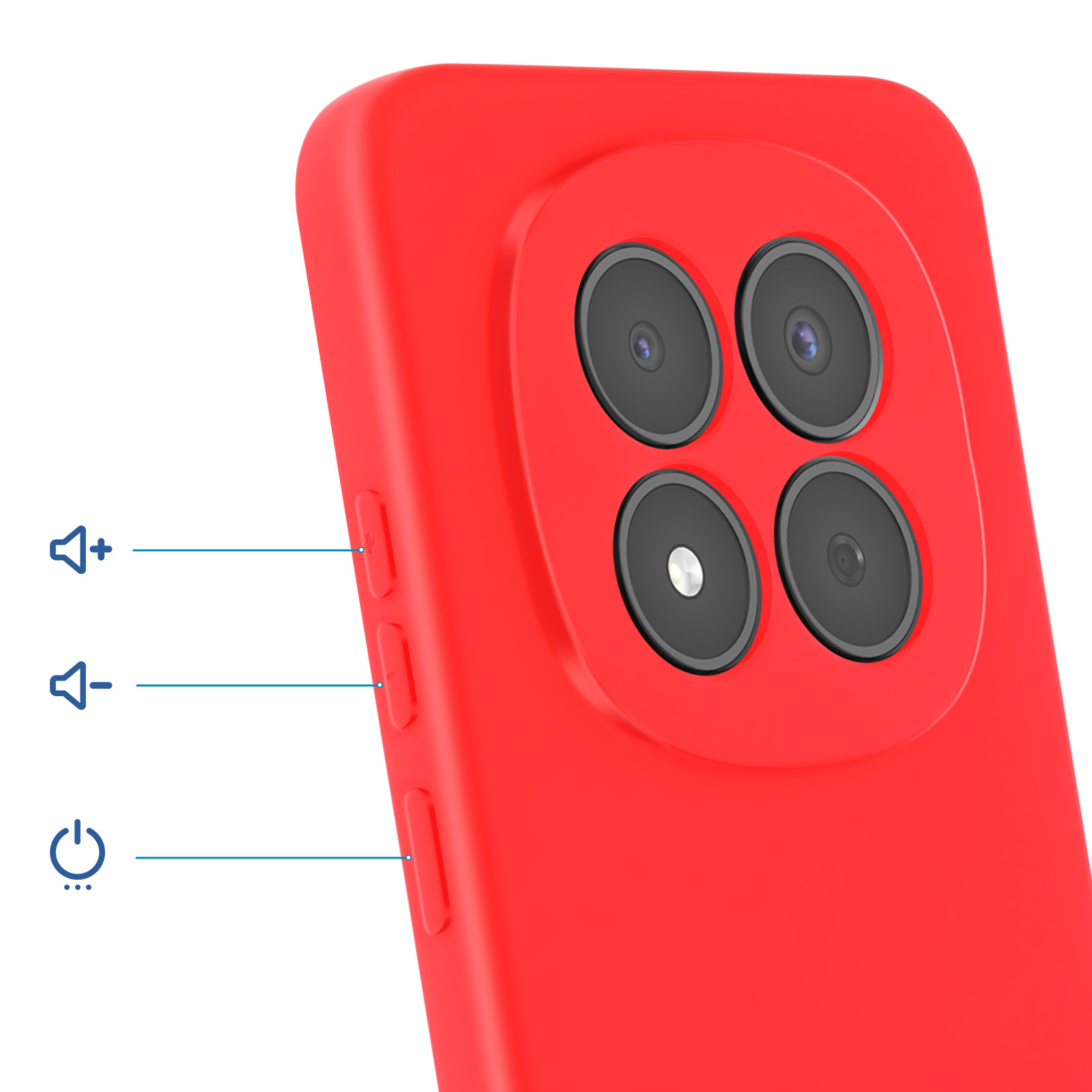 Telefono rosso con quattro fotocamere e pulsanti volume/accensione.