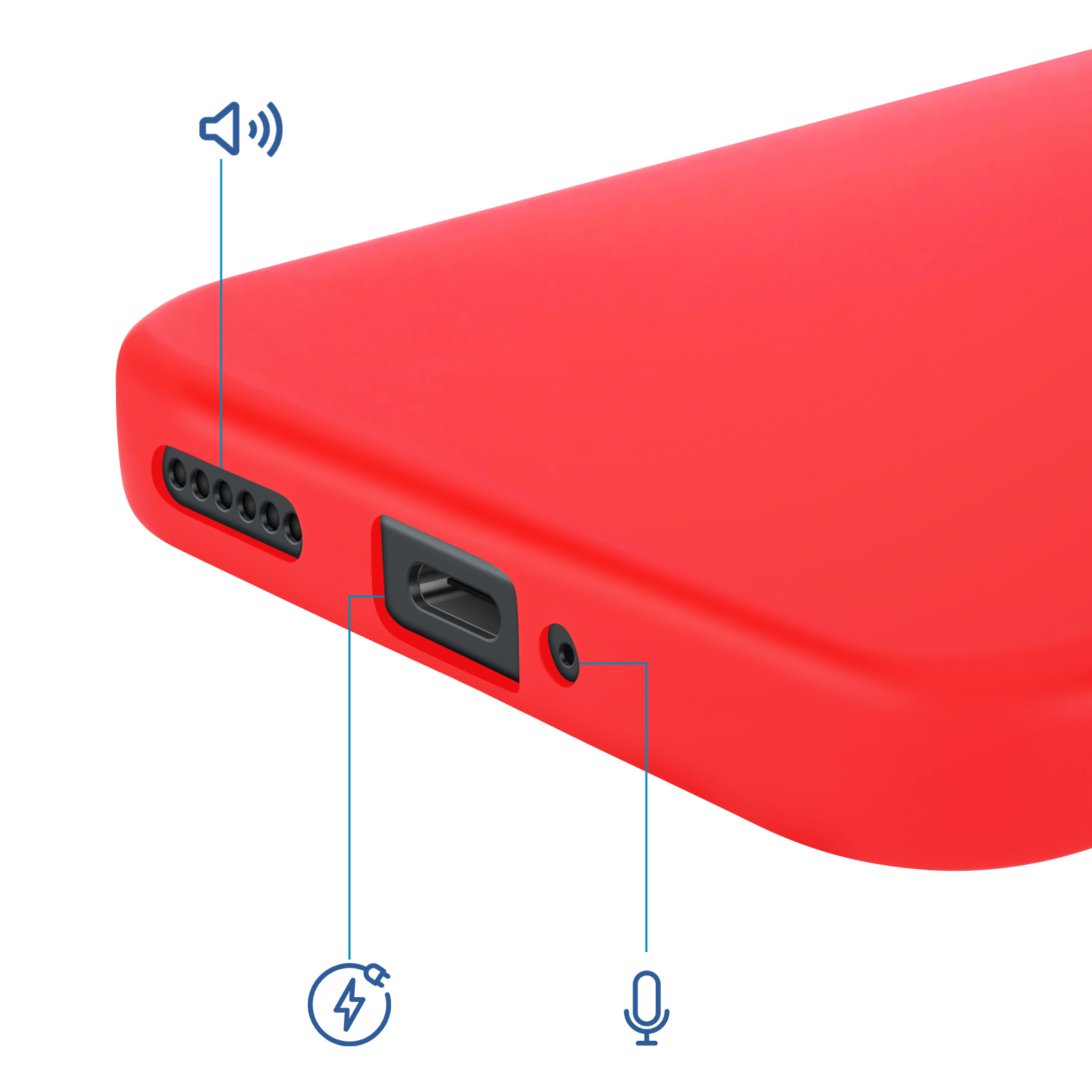 Cover rossa per telefono con icone di altoparlante, ricarica e microfono.