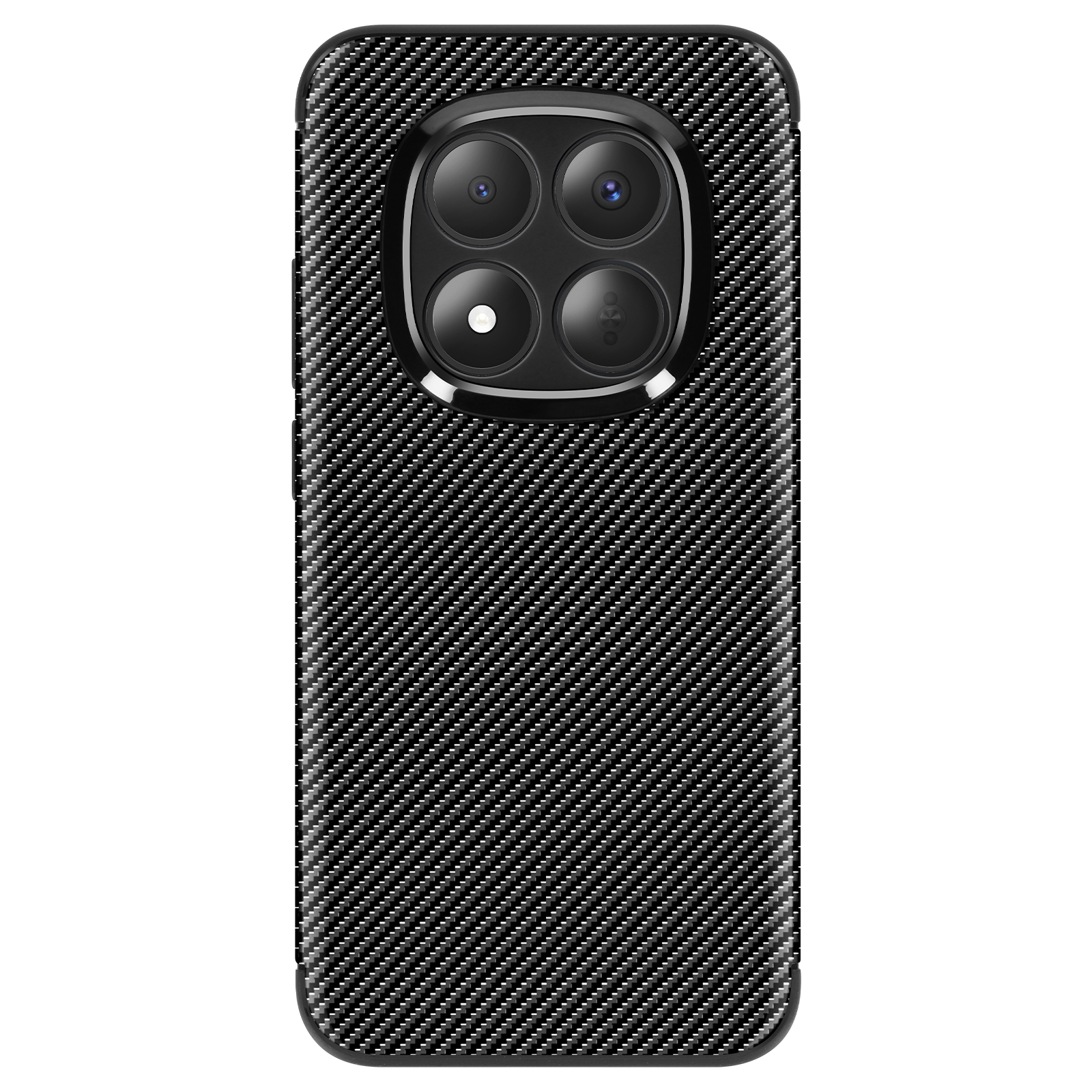Zwarte telefoonhoes met koolstofvezelpatroon en viervoudige camera-opstelling.
