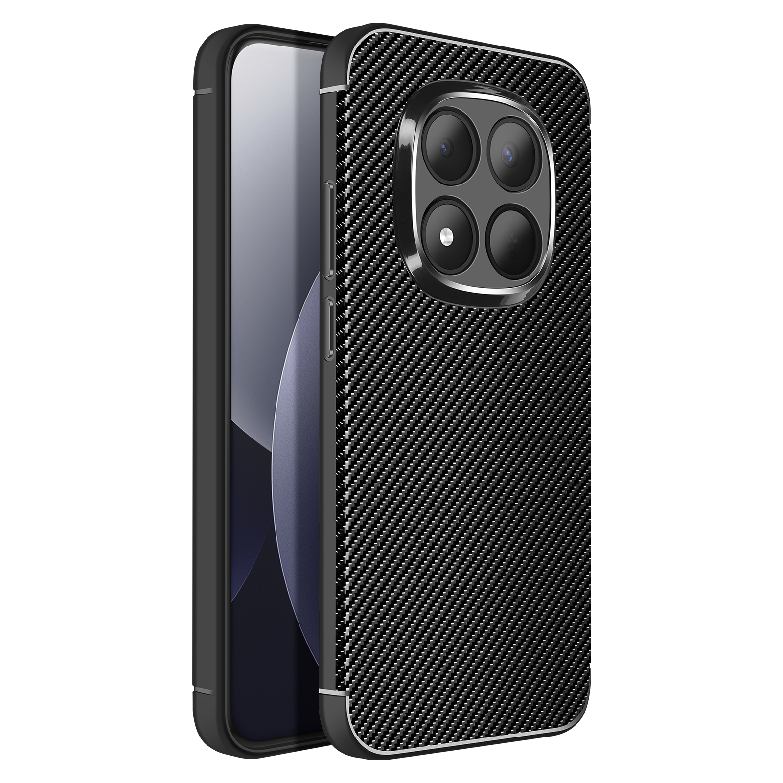Zwarte smartphone met hoesje met koolstofpatroon en viervoudige camera.