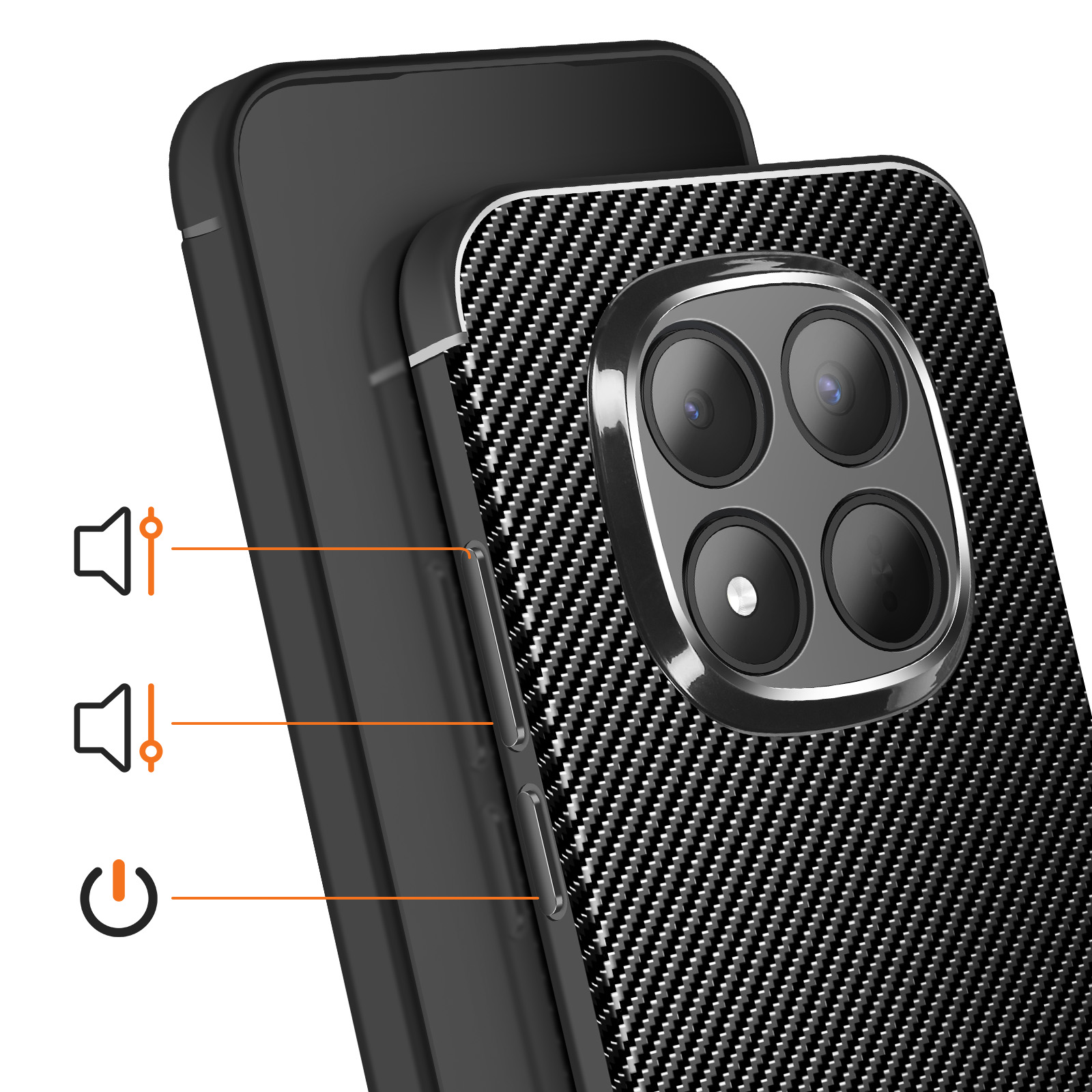 Zwarte telefoon met carbonvezel achterkant en quad camera.
