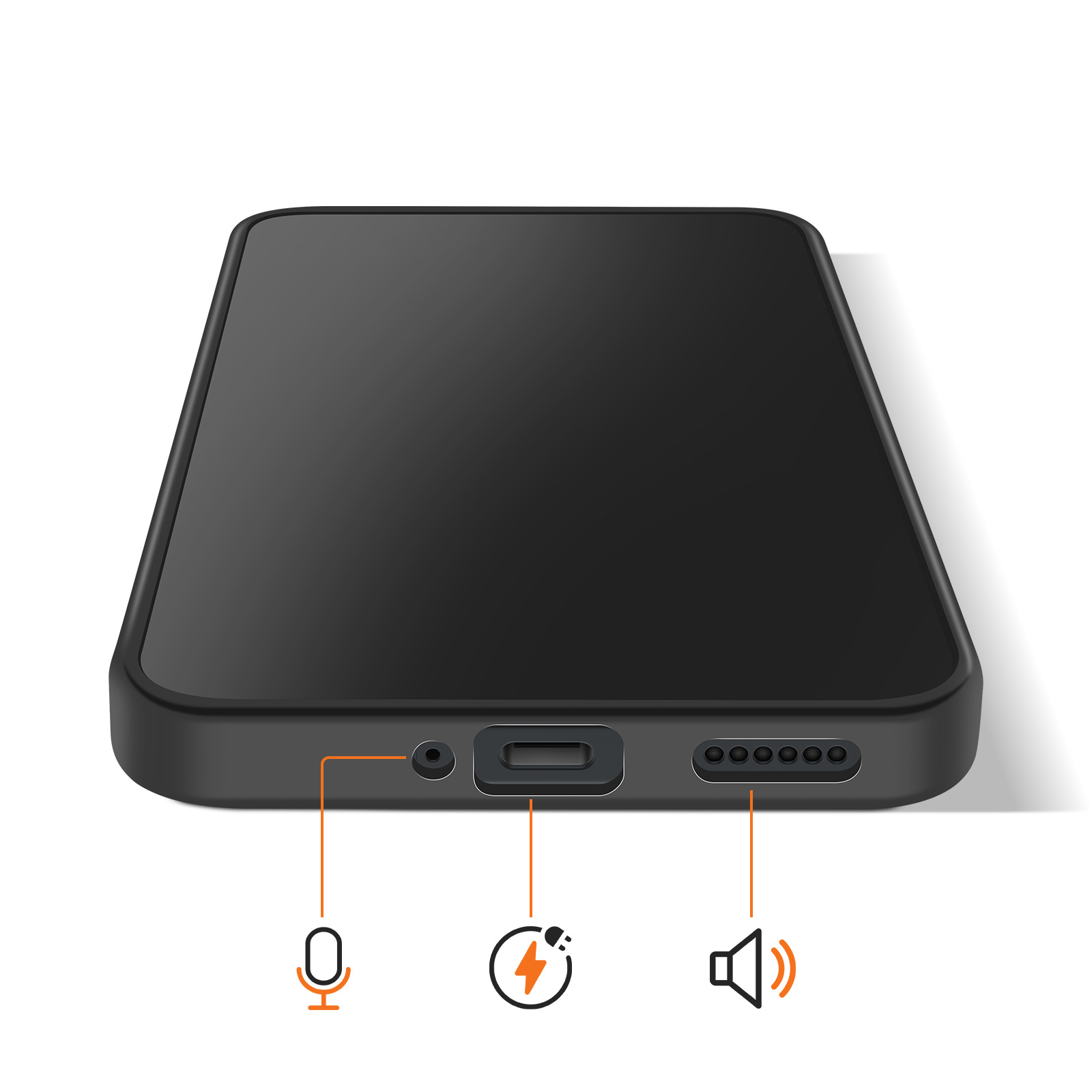 Zwarte smartphone met poorten: microfoon, oplaadpoort, luidspreker.